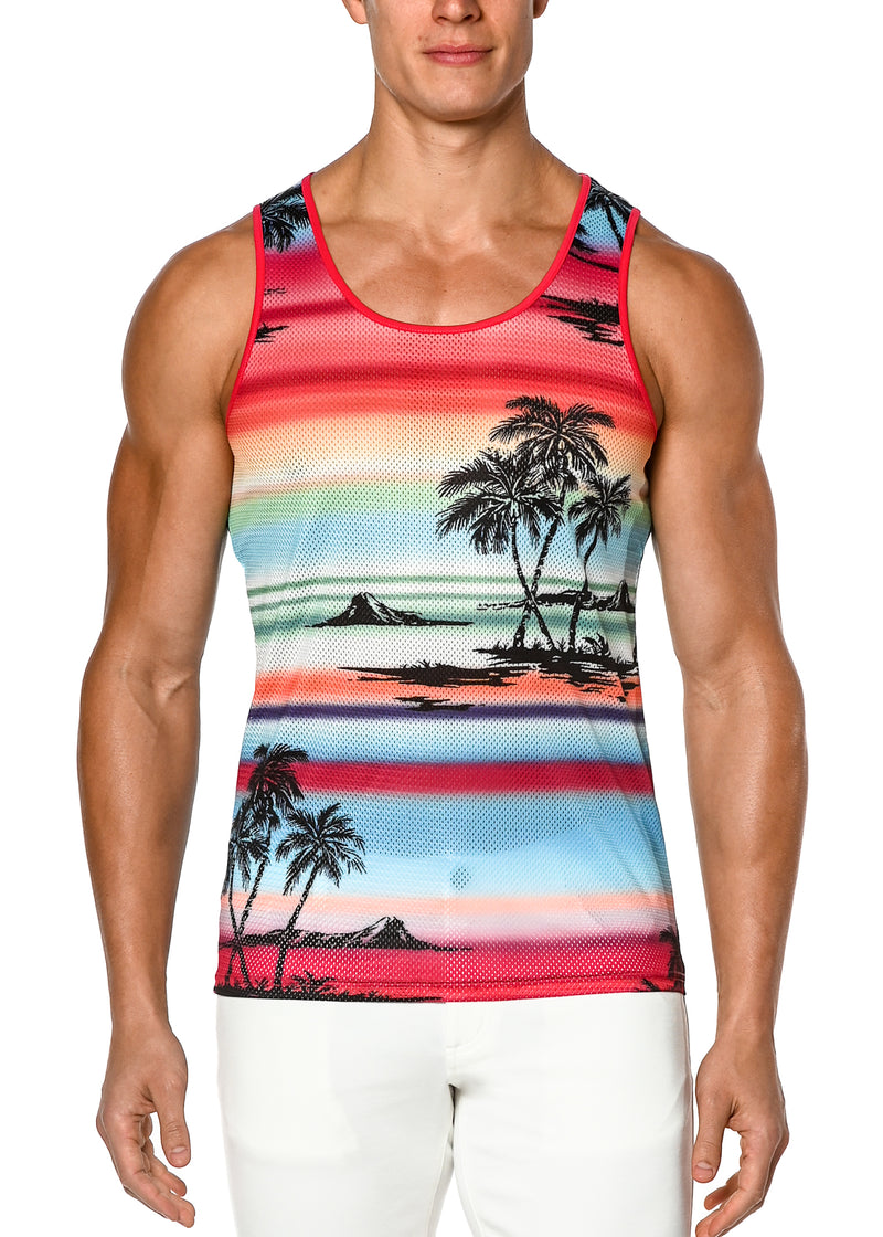 BRICK/SKY PALM GRADIENT PRINTED MESH TANK TOP ST-11065