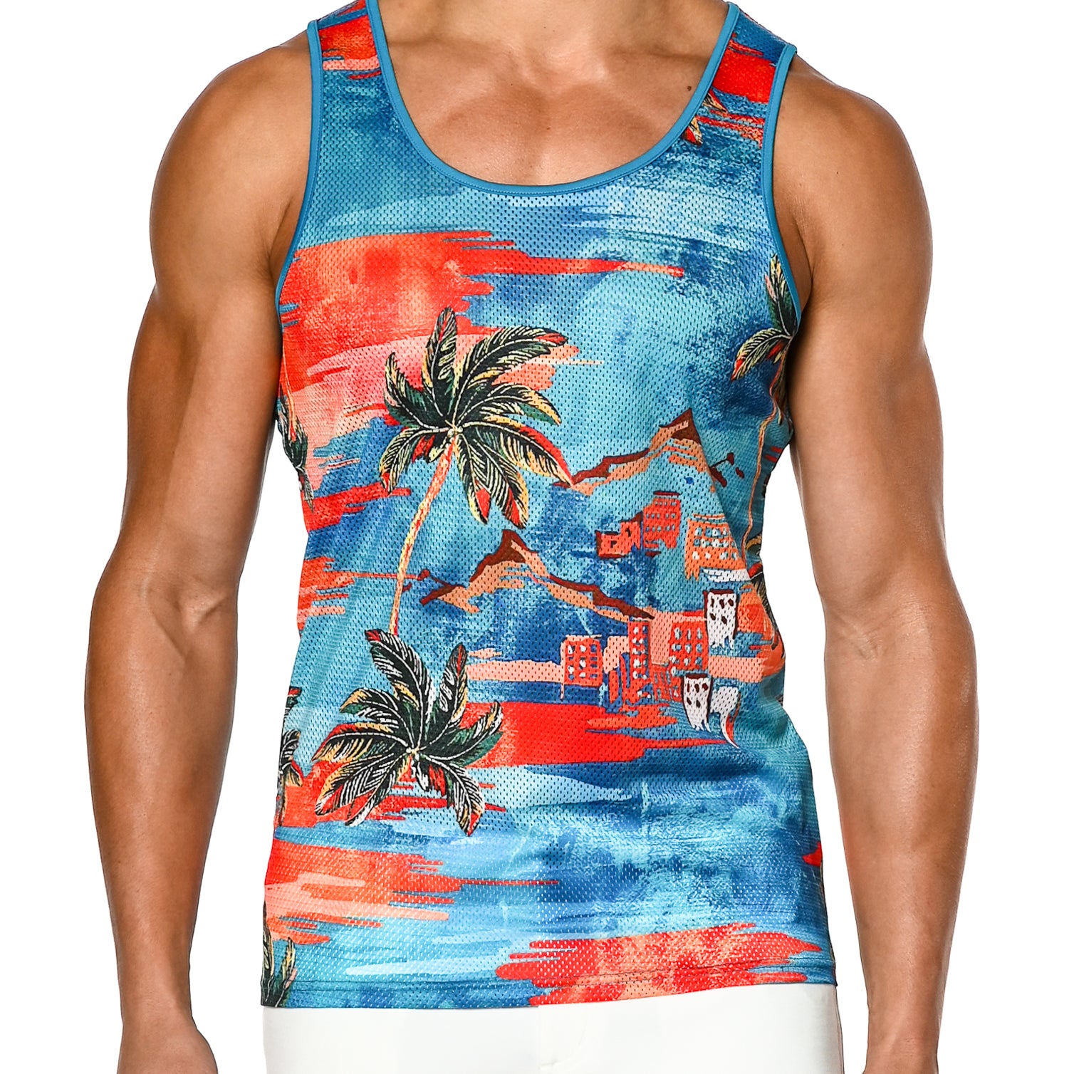TURQUOISE/ORANGE PALM TREES PRINTED MESH TANK TOP ST-11066