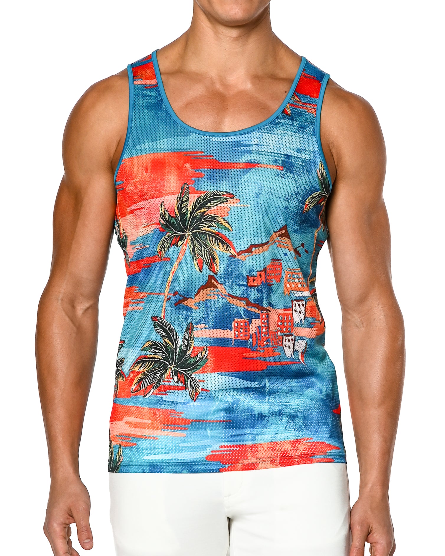 TURQUOISE/ORANGE PALM TREES PRINTED MESH TANK TOP ST-11066