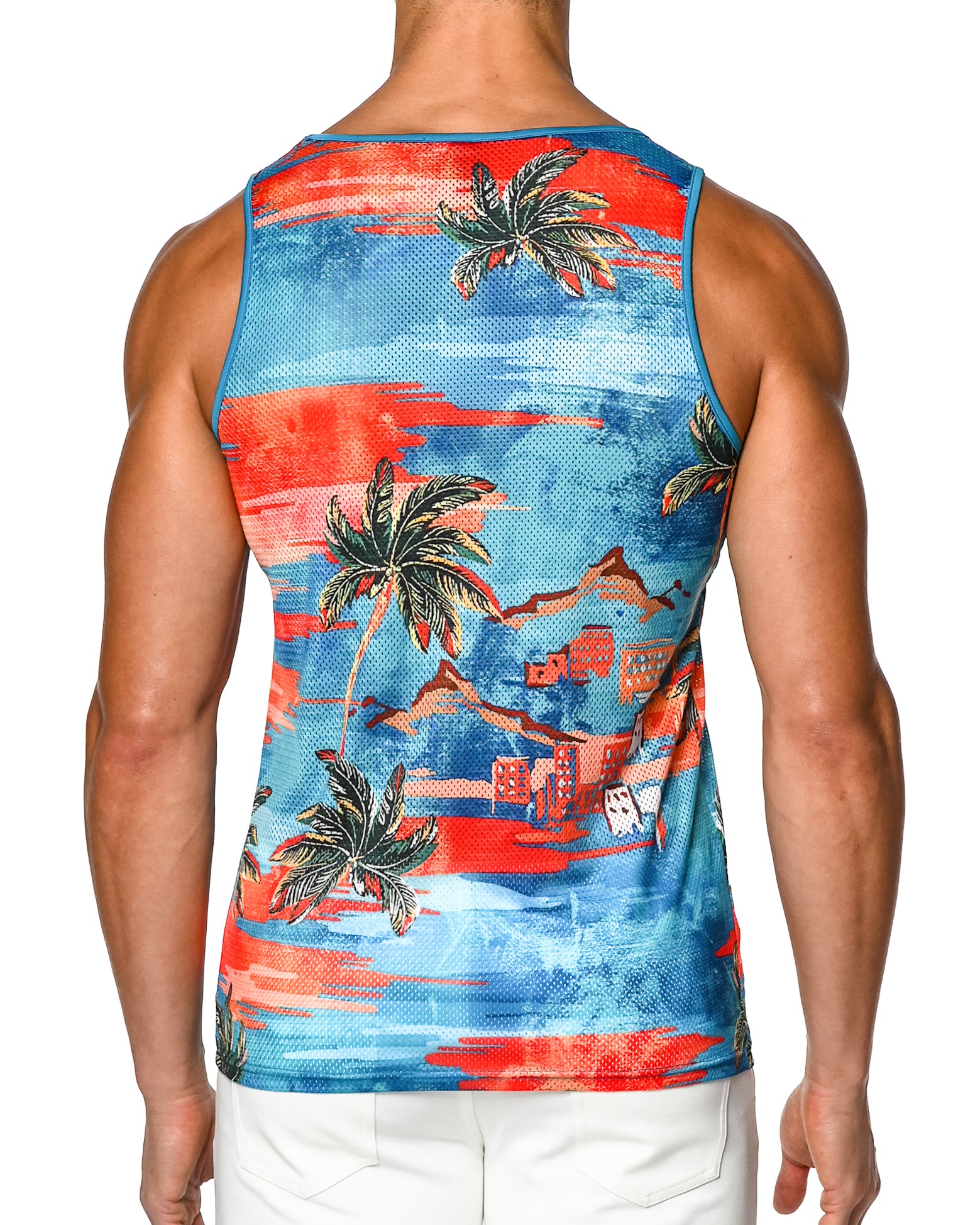 TURQUOISE/ORANGE PALM TREES PRINTED MESH TANK TOP ST-11066