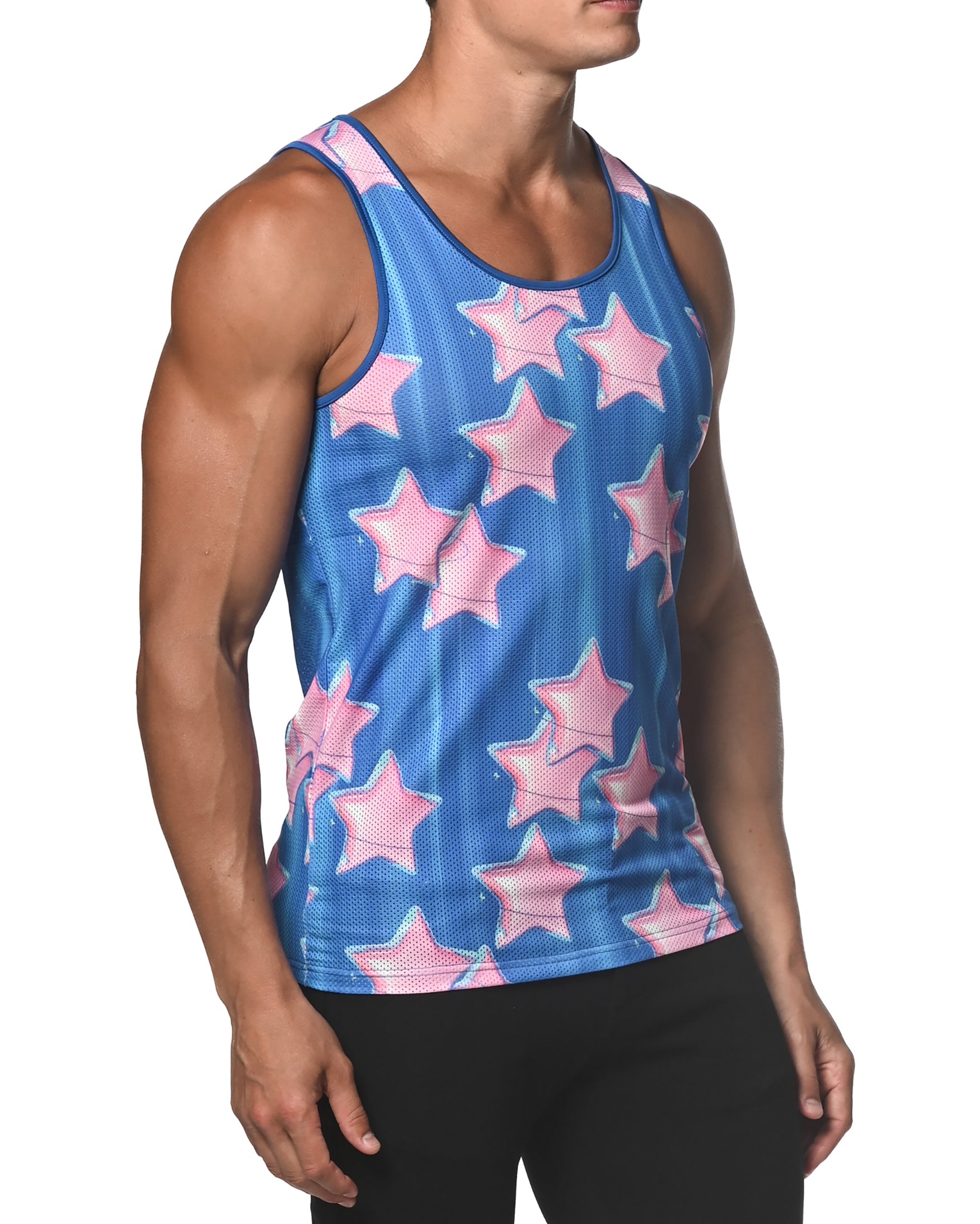 SAPPHIRE/PINK STARS PRINTED MESH TANK TOP  ST-11075