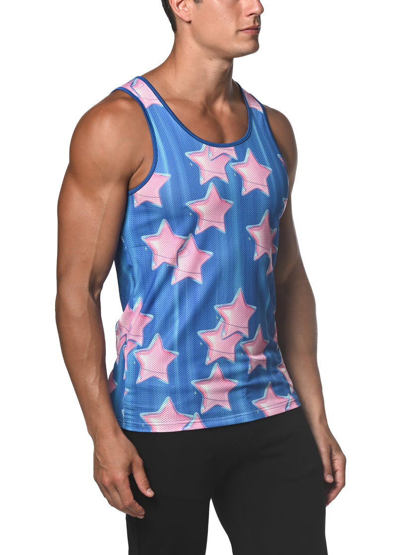 SAPPHIRE/PINK STARS PRINTED MESH TANK TOP  ST-11075