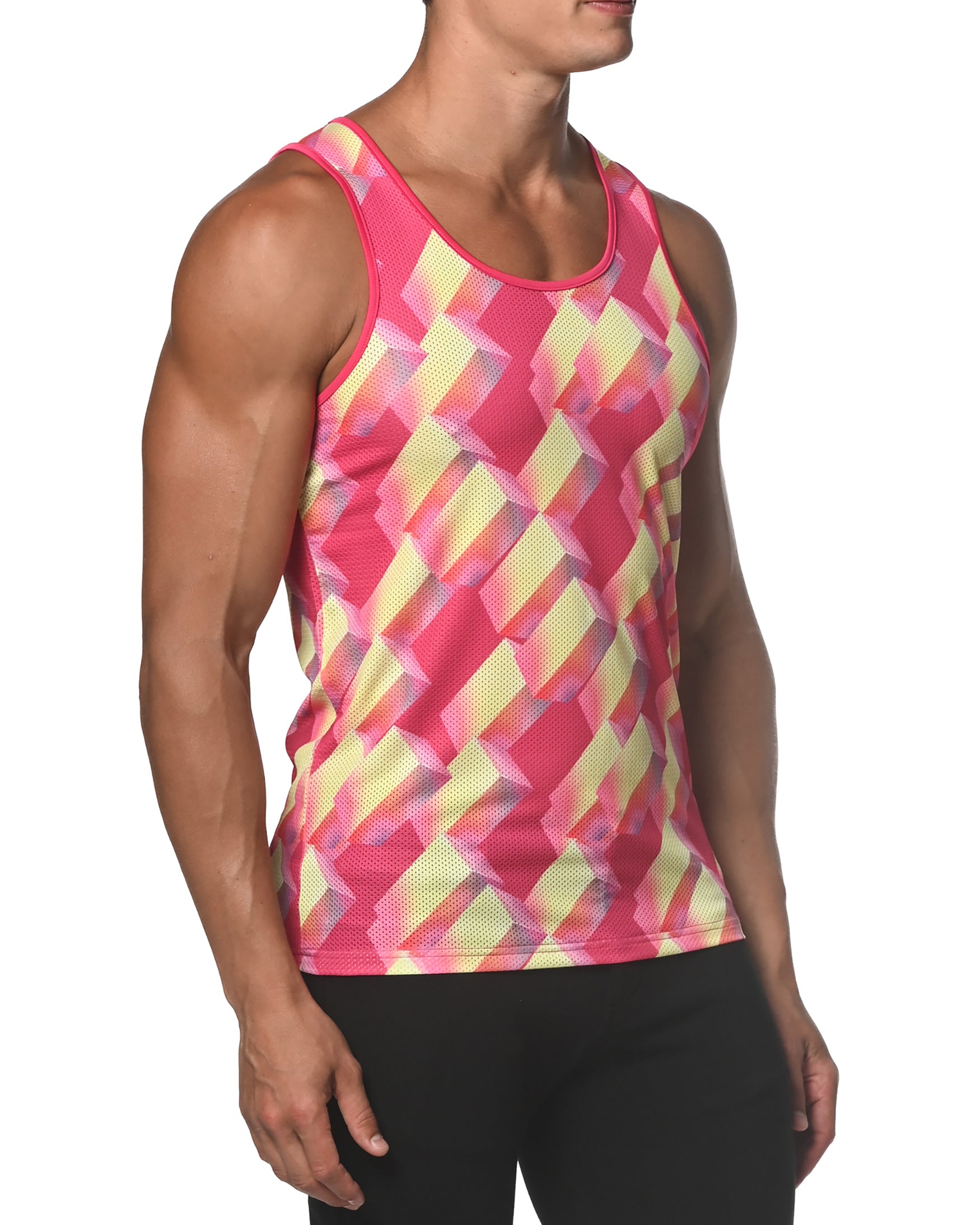 YELLOW/PINK BOXES PRINTED MESH TANK TOP  ST-11076