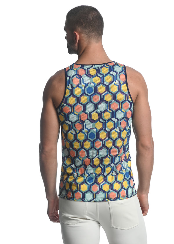NAVY/ YELLOW HONEYCOMB PRINTED STRETCH MESH SINGLET ST-11080