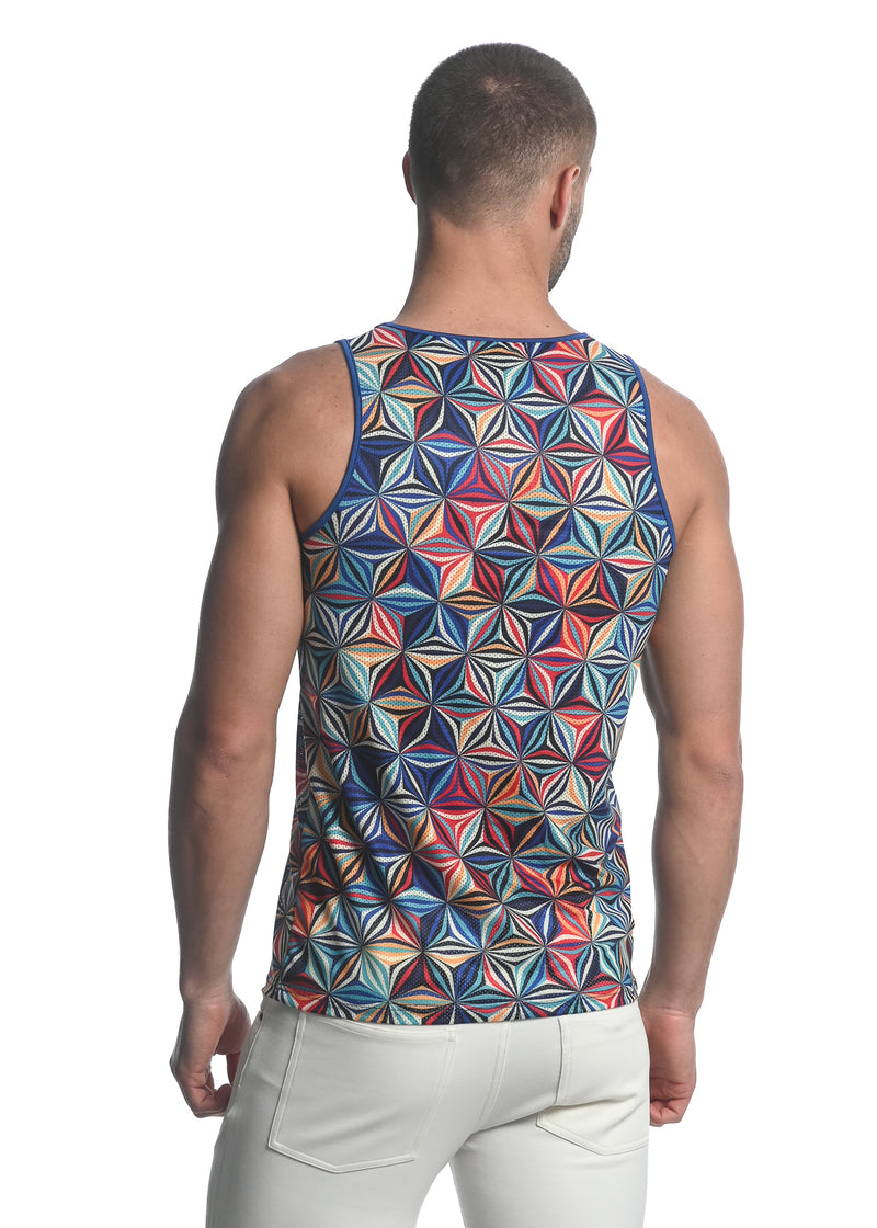 ROYAL BLUE/ GOLD ABSTRACT PRINTED STRETCH MESH SINGLET ST-11082