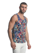 ROYAL BLUE/ GOLD ABSTRACT PRINTED STRETCH MESH SINGLET ST-11082