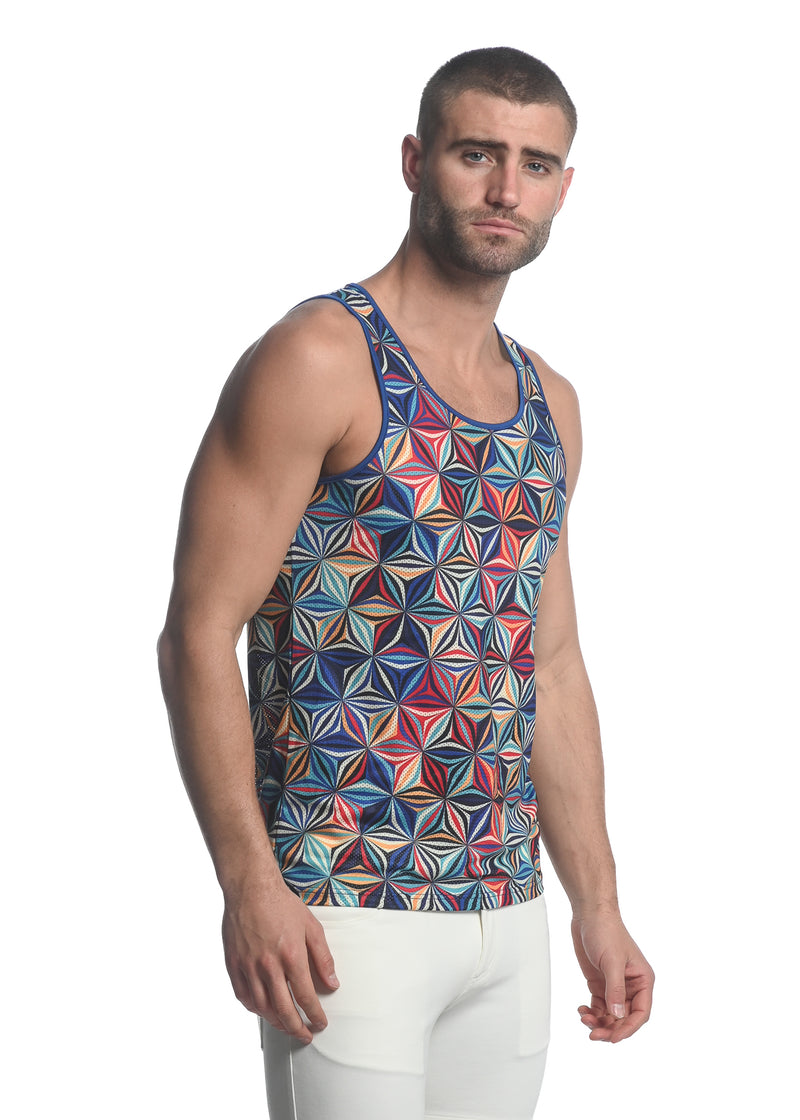 ROYAL BLUE/ GOLD ABSTRACT PRINTED STRETCH MESH SINGLET ST-11082