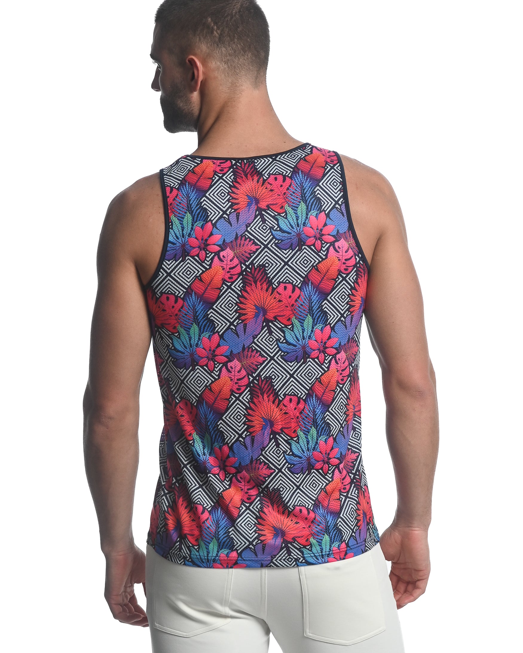 FUCHSIA/NAVY DIAMOND TROPICS PRINTED STRETCH MESH SINGLET  ST-11083