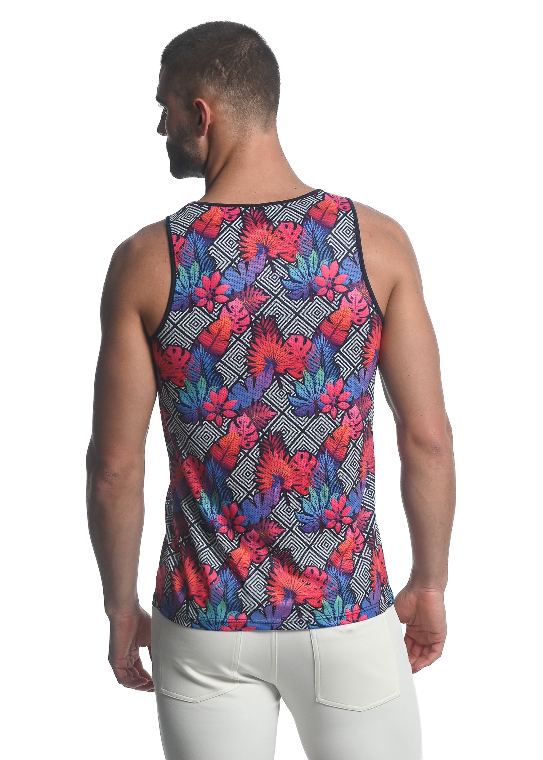 FUCHSIA/NAVY DIAMOND TROPICS PRINTED STRETCH MESH SINGLET  ST-11083