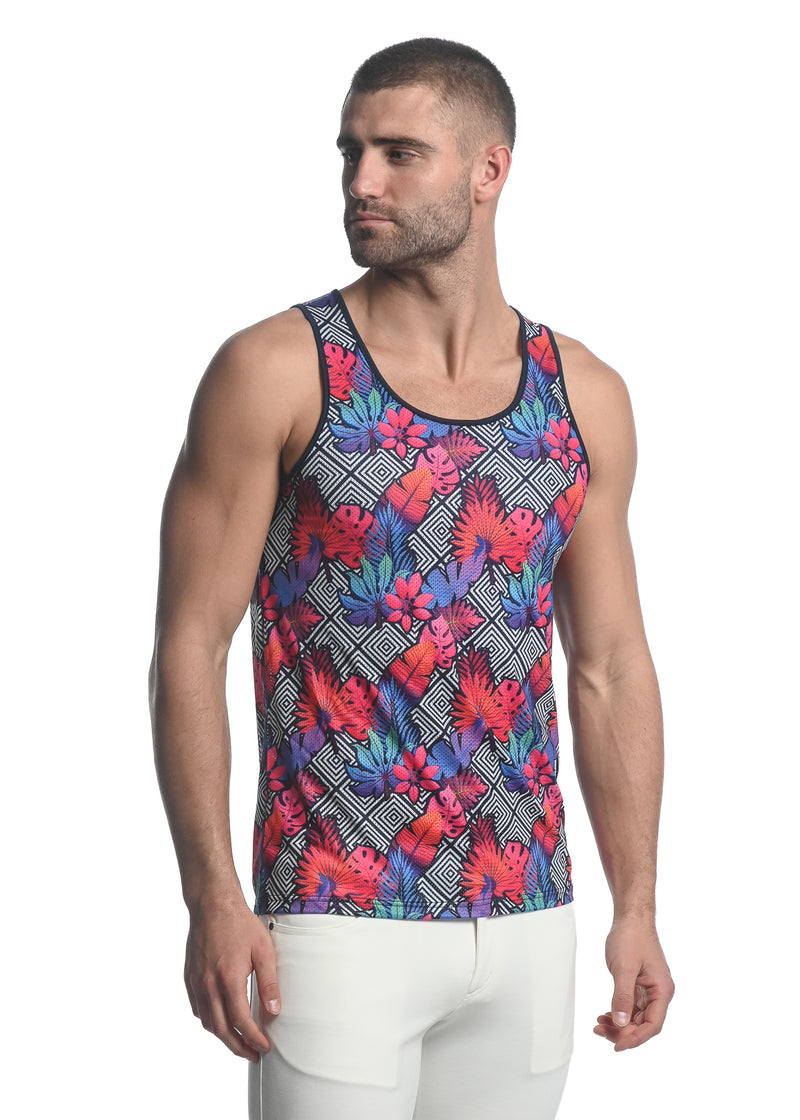 FUCHSIA/NAVY DIAMOND TROPICS PRINTED STRETCH MESH SINGLET  ST-11083