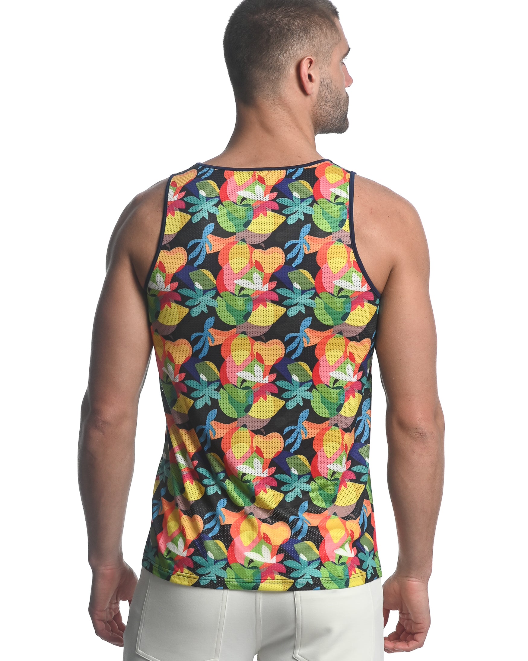 RAINBOW ABSTRACT TROPICS PRINTED STRETCH MESH SINGLET ST-11084