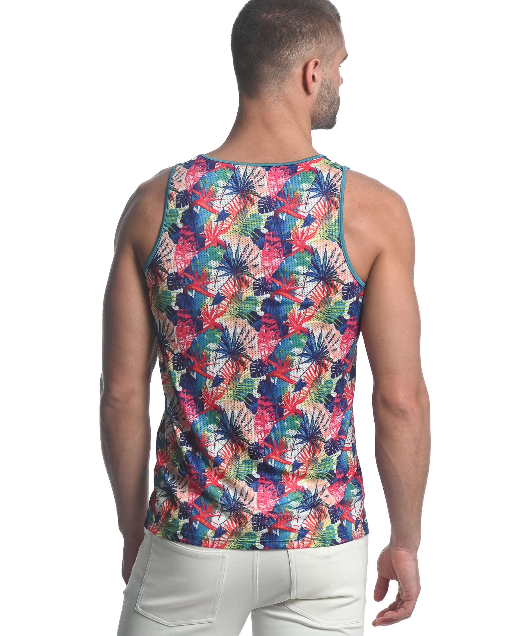 TEAL / FUCHSIA TROPICS PRINTED STRETCH MESH SINGLET ST-11085