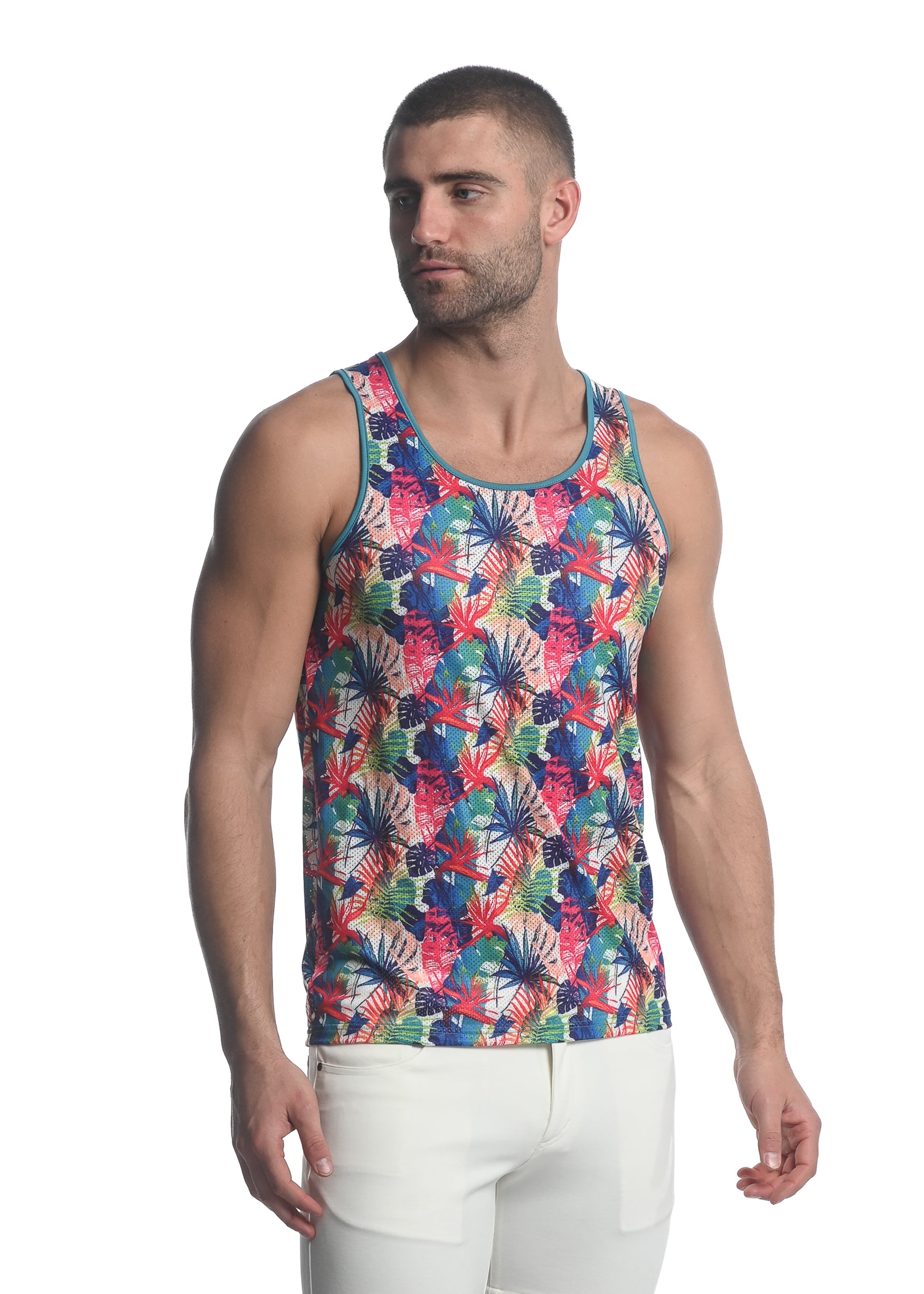 TEAL / FUCHSIA TROPICS PRINTED STRETCH MESH SINGLET ST-11085