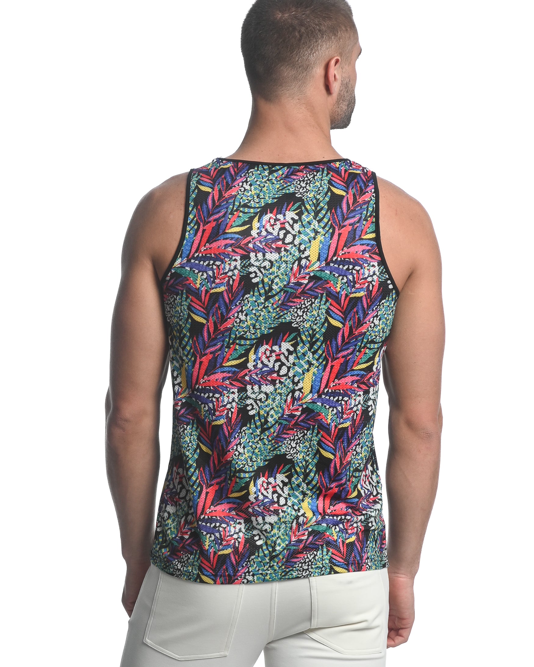 RAINBOW JUNGLE ABSTRACT PRINTED STRETCH MESH SINGLET ST-11087