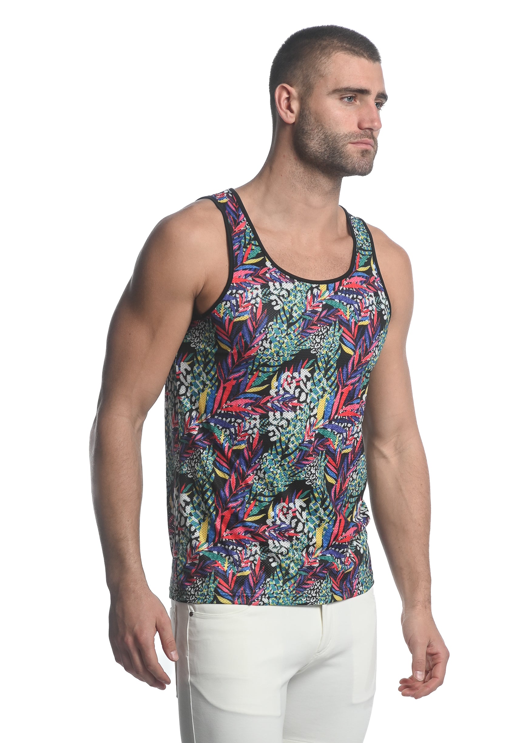 RAINBOW JUNGLE ABSTRACT PRINTED STRETCH MESH SINGLET ST-11087