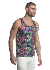 RAINBOW JUNGLE ABSTRACT PRINTED STRETCH MESH SINGLET ST-11087