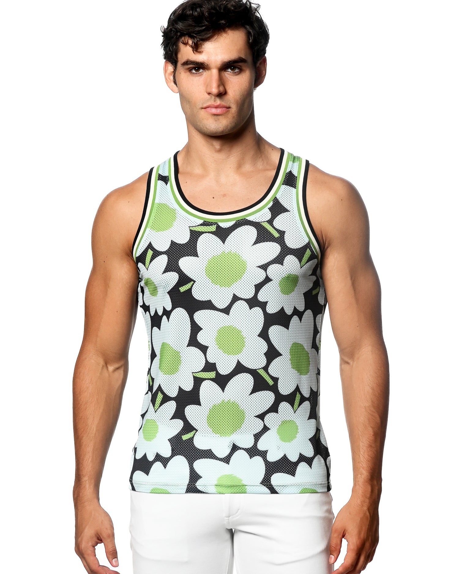 CITRUS/BLACK FLORAL PRINTED STRETCH MESH SINGLET ST-11091