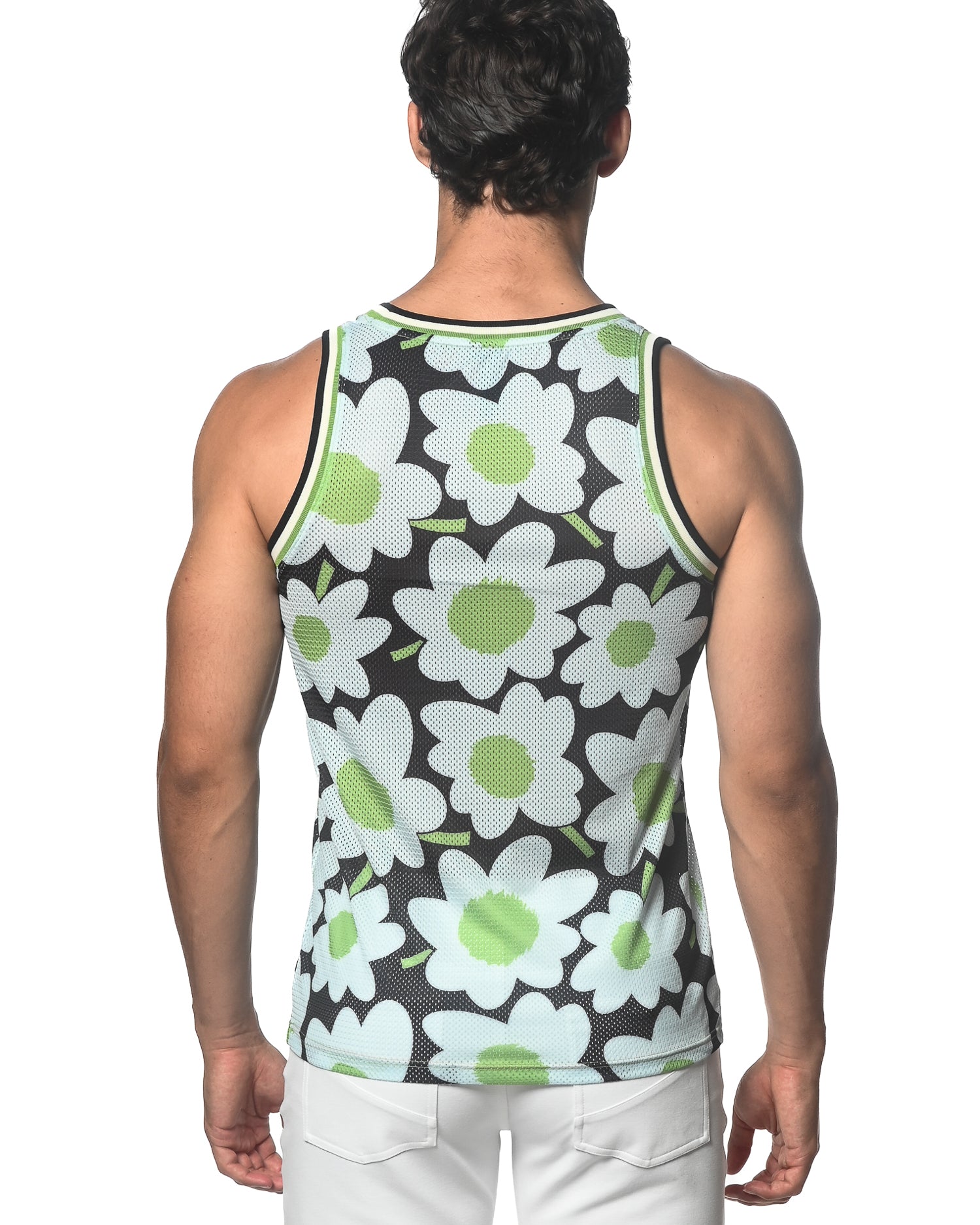 CITRUS/BLACK FLORAL PRINTED STRETCH MESH SINGLET ST-11091