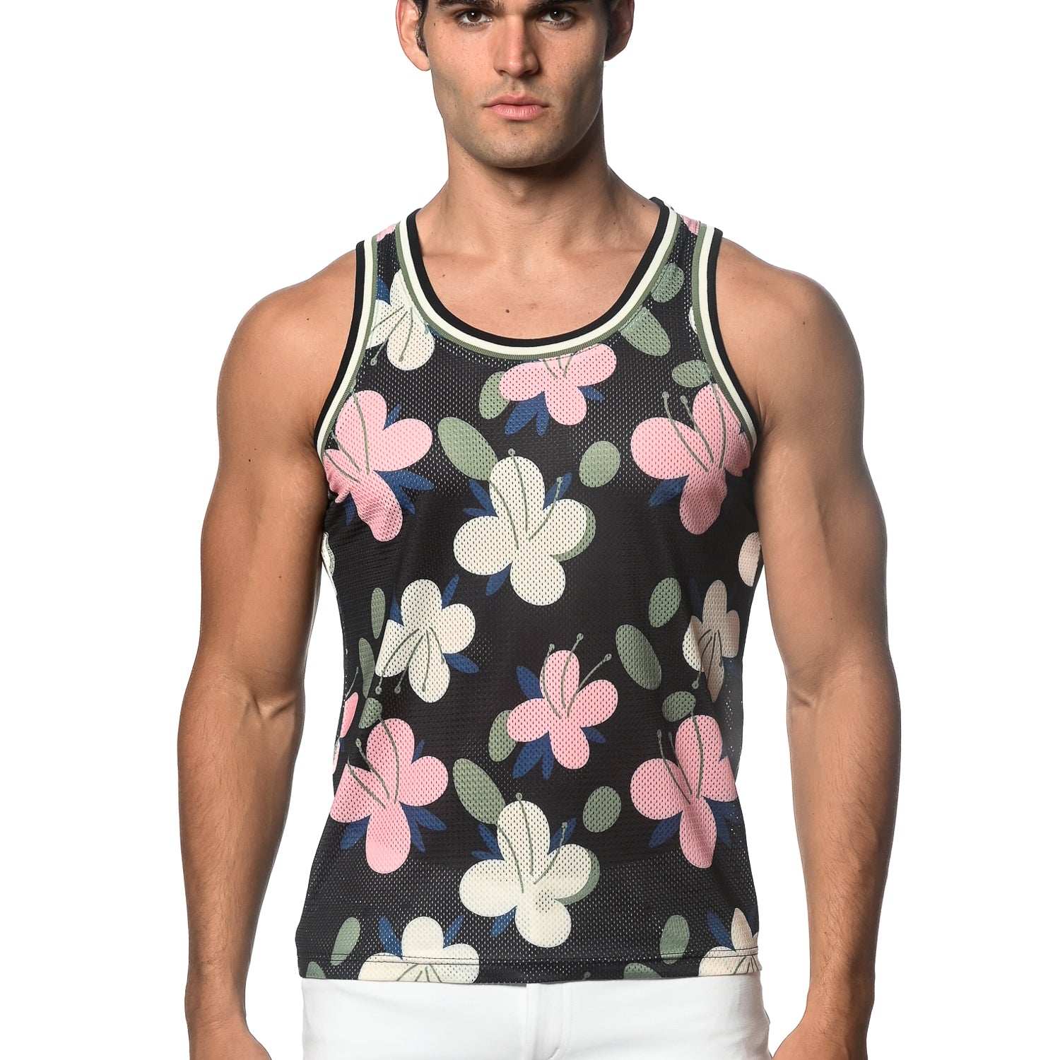 NAVY/BLUSH FLORAL PRINTED STRETCH MESH SINGLET ST-11093