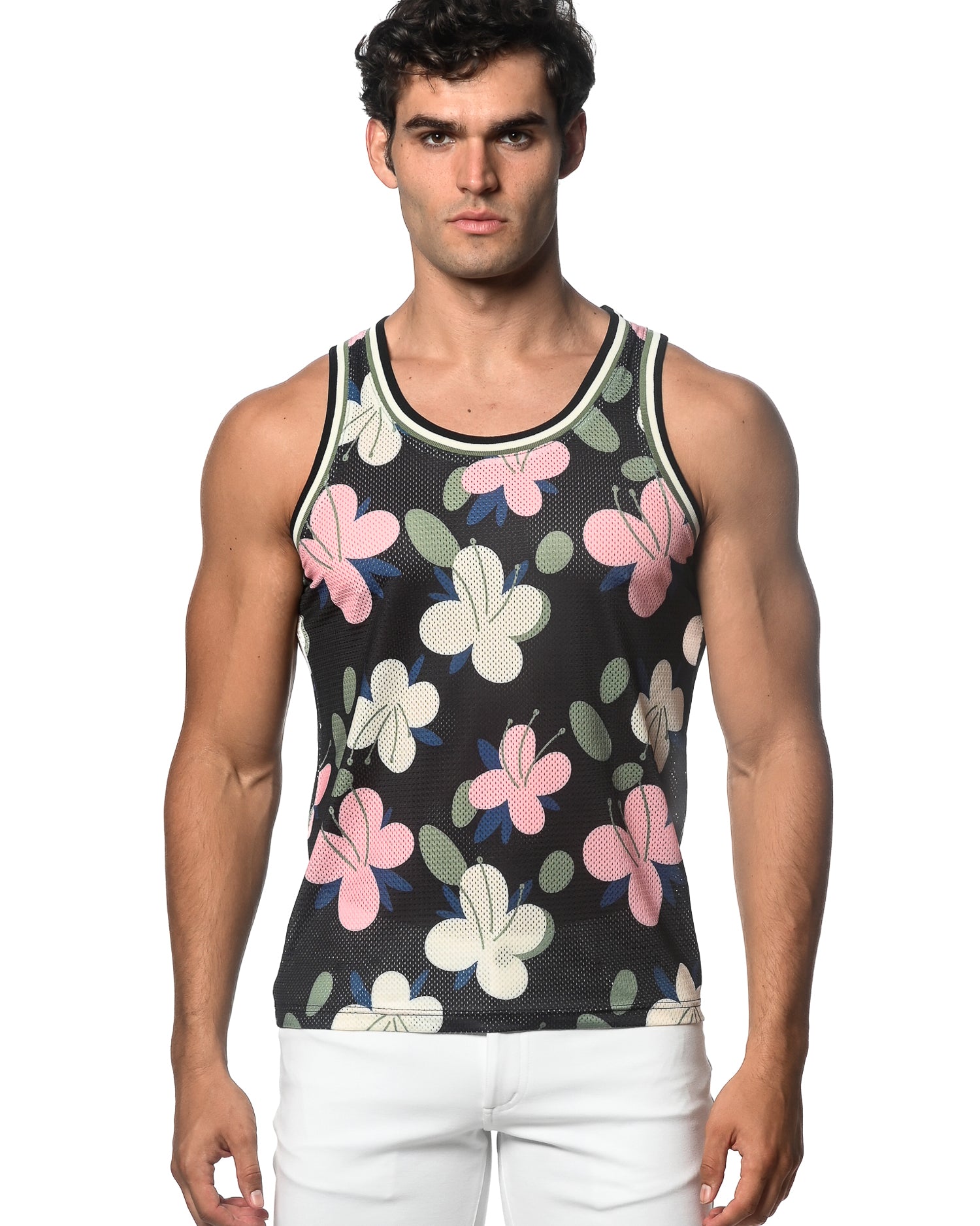 NAVY/BLUSH FLORAL PRINTED STRETCH MESH SINGLET ST-11093