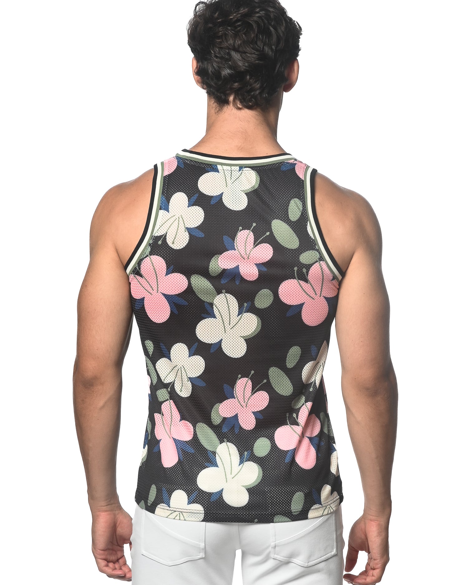 NAVY/BLUSH FLORAL PRINTED STRETCH MESH SINGLET ST-11093