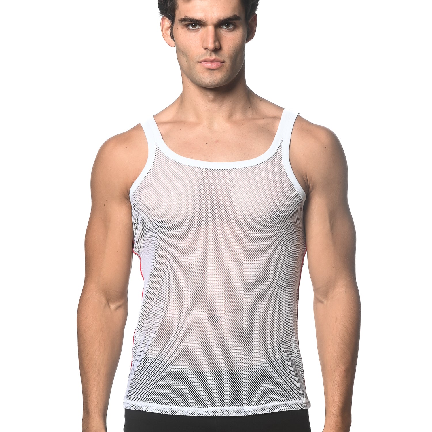 WHITE STRETCH MESH TANK WITH SIDE TAPE ST-11120