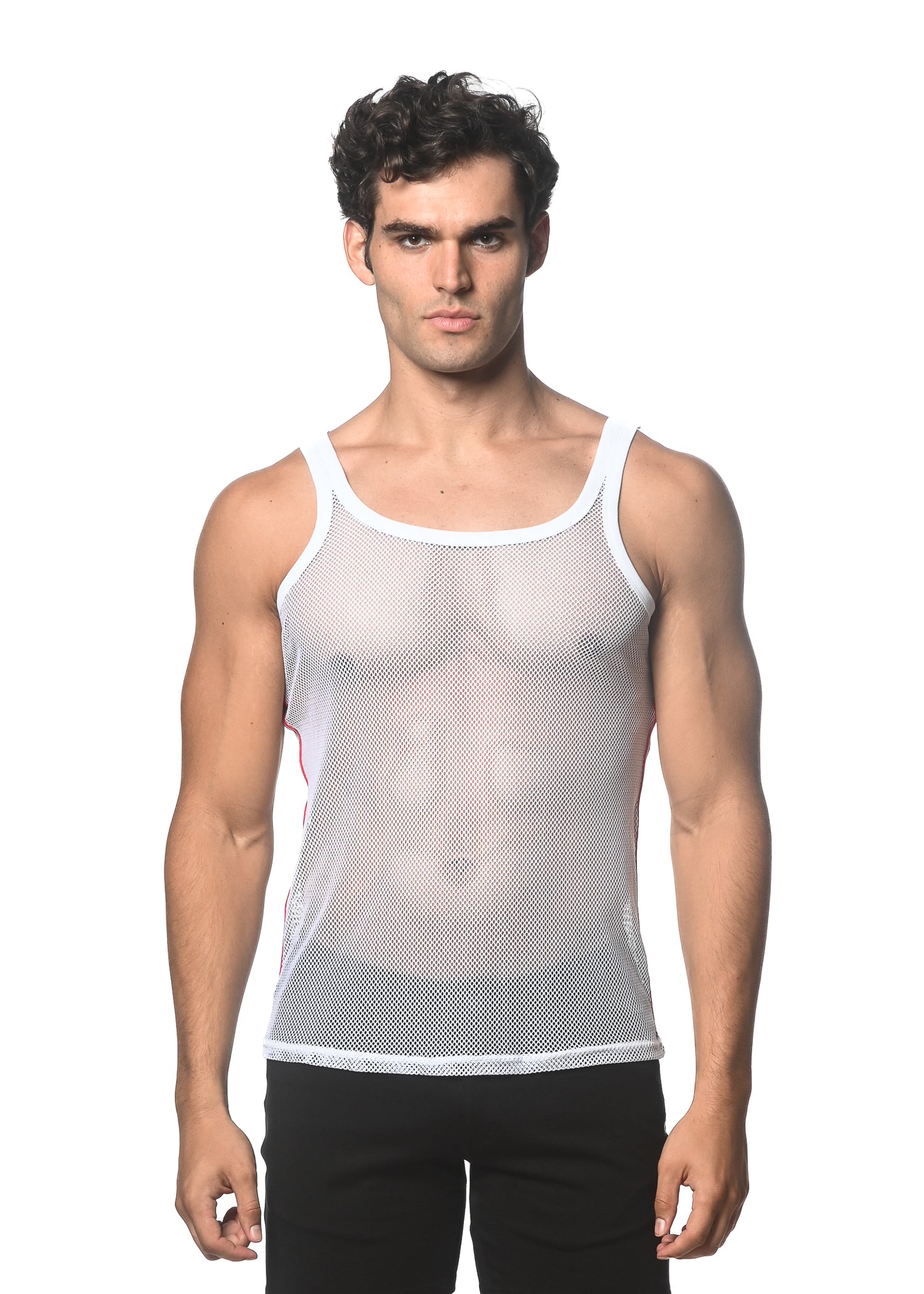 Mesh Tank Shell WHITE STRETCH MESH TANK WITH SIDE TAPE ST-11120