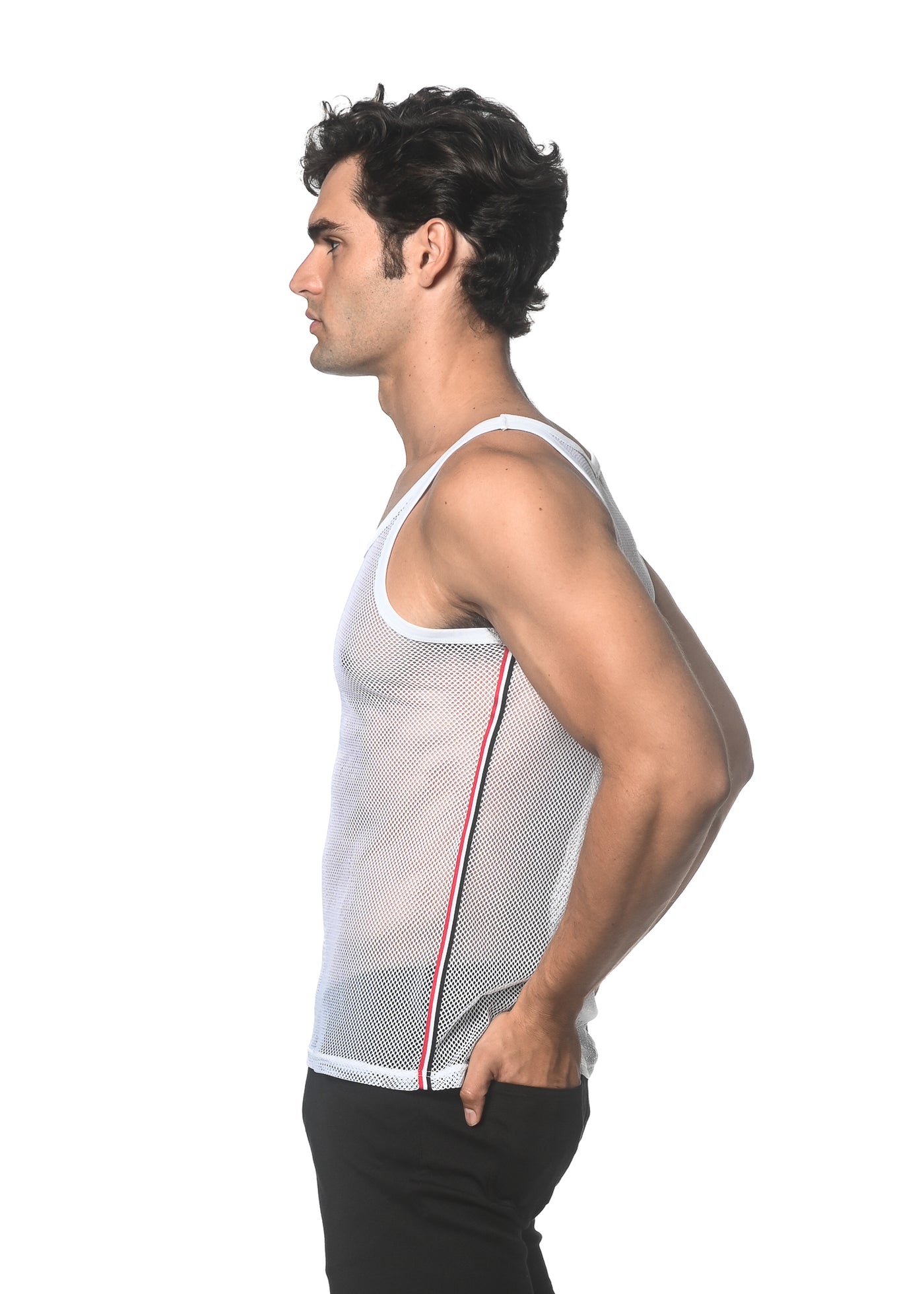 JANE SMITH　 MESH UP DOWN TANK TOP WHITE STRETCH MESH TANK WITH SIDE TAPE ST-11120