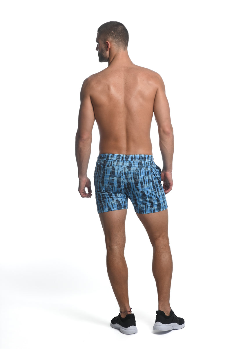 NAVY/ SKY ABSTRACT PRINTED STRETCH MESH PERFORMANCE SHORTS  ST-1466-86