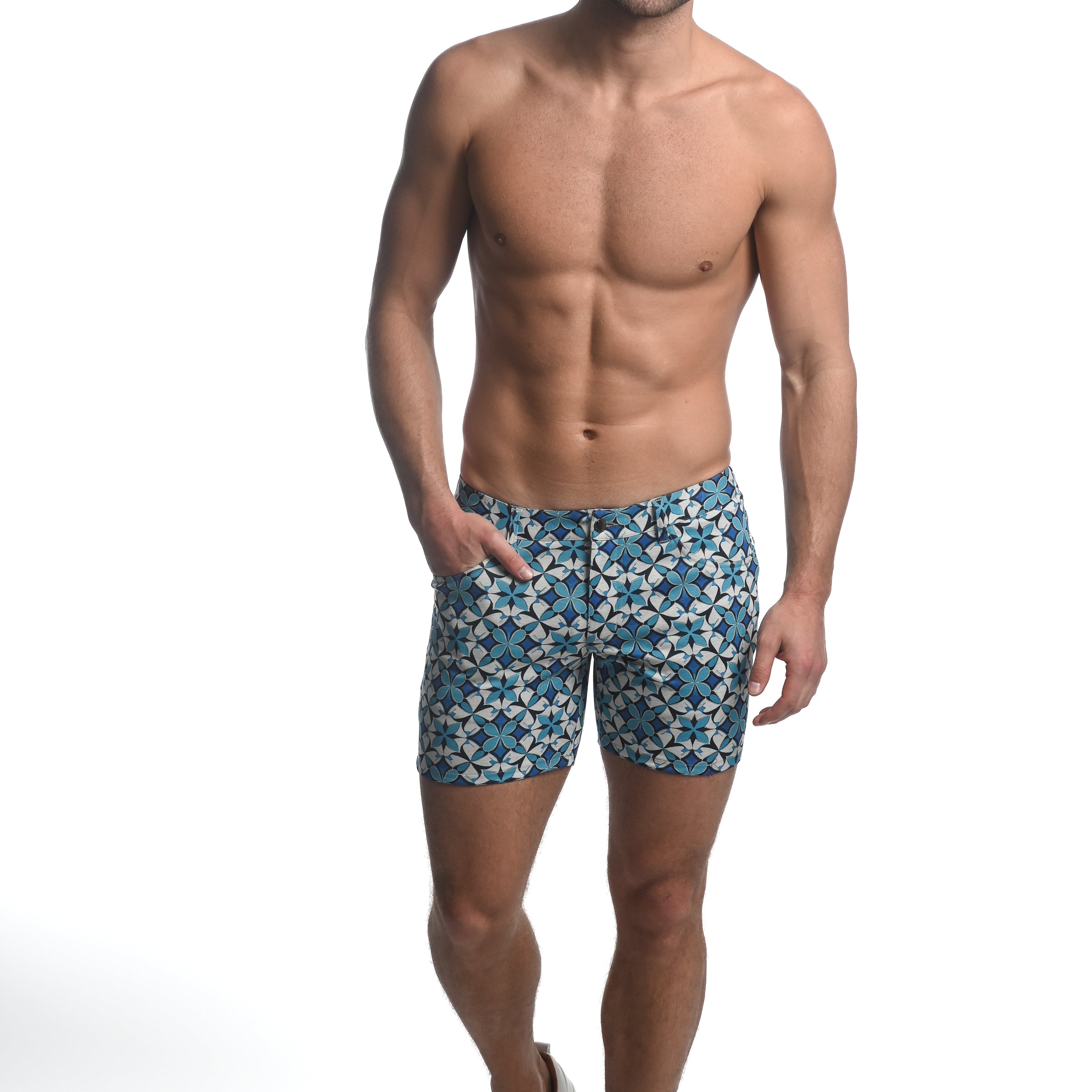 Teal/Navy Star Fleur 5" Inseam Printed Stretch Knit Jeans Shorts
