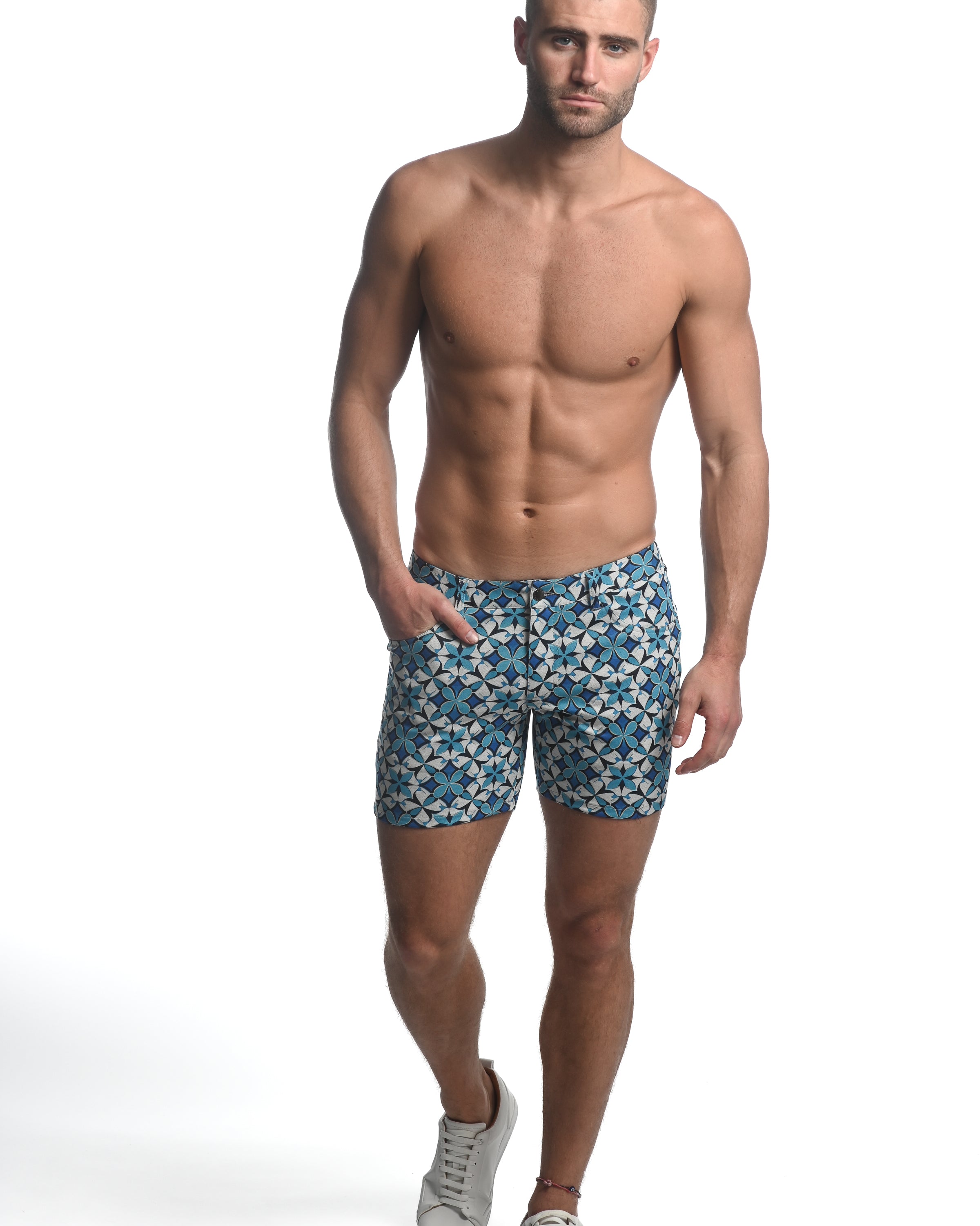 Teal/Navy Star Fleur 5" Inseam Printed Stretch Knit Jeans Shorts