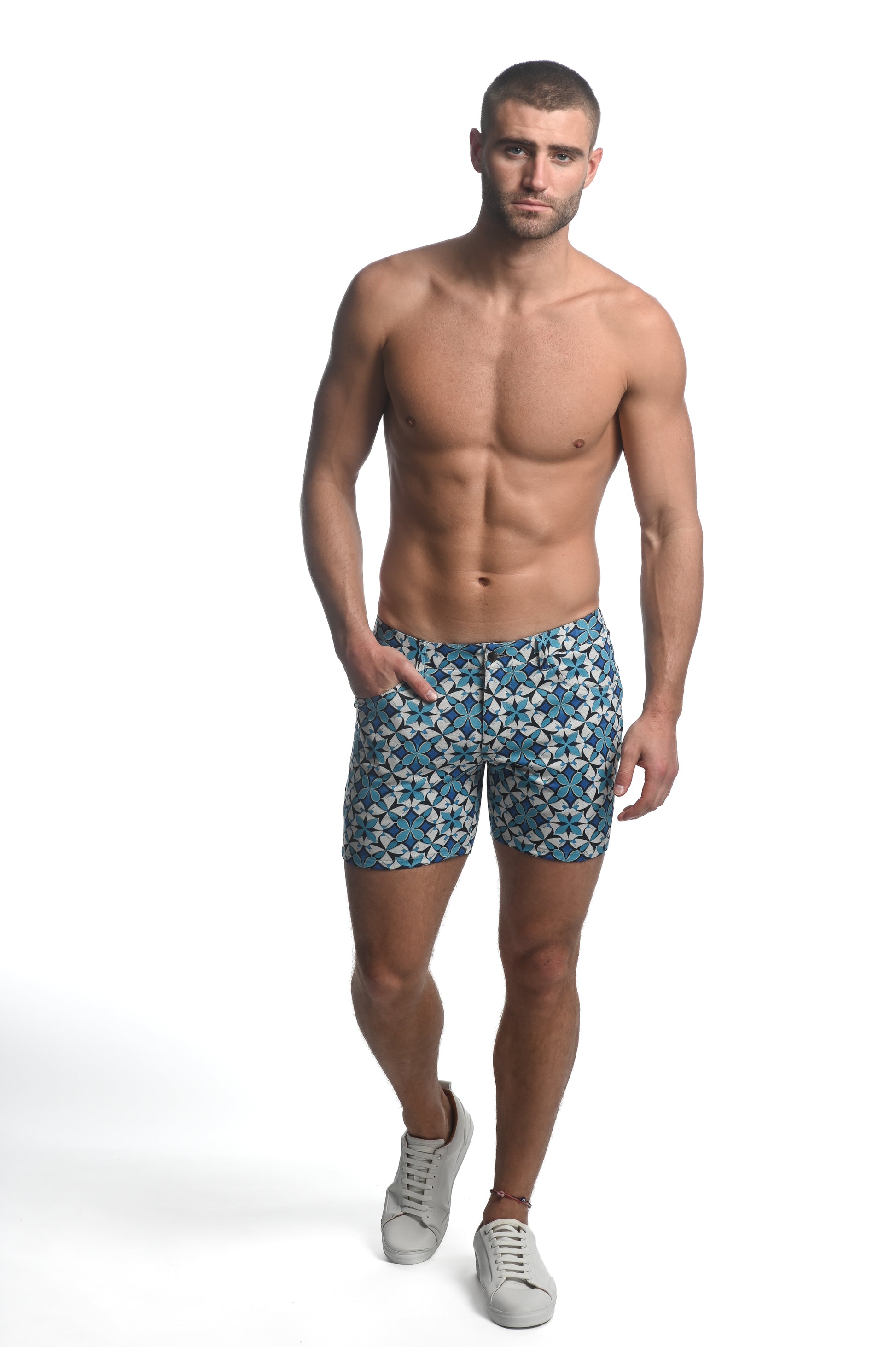 Teal/Navy Star Fleur 5" Inseam Printed Stretch Knit Jeans Shorts