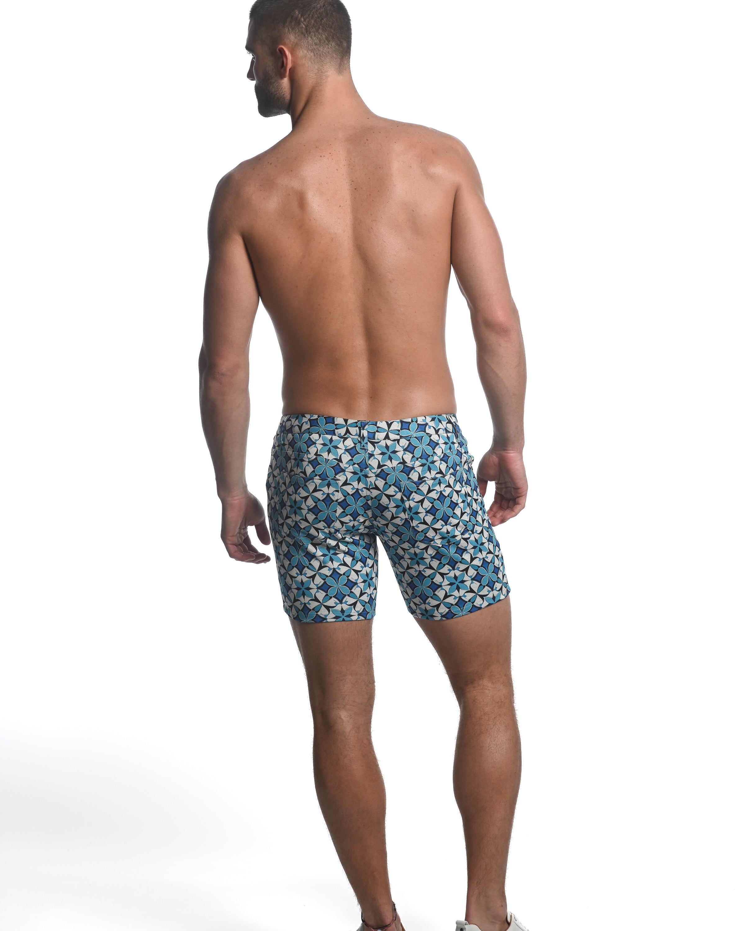 Teal/Navy Star Fleur 5" Inseam Printed Stretch Knit Jeans Shorts