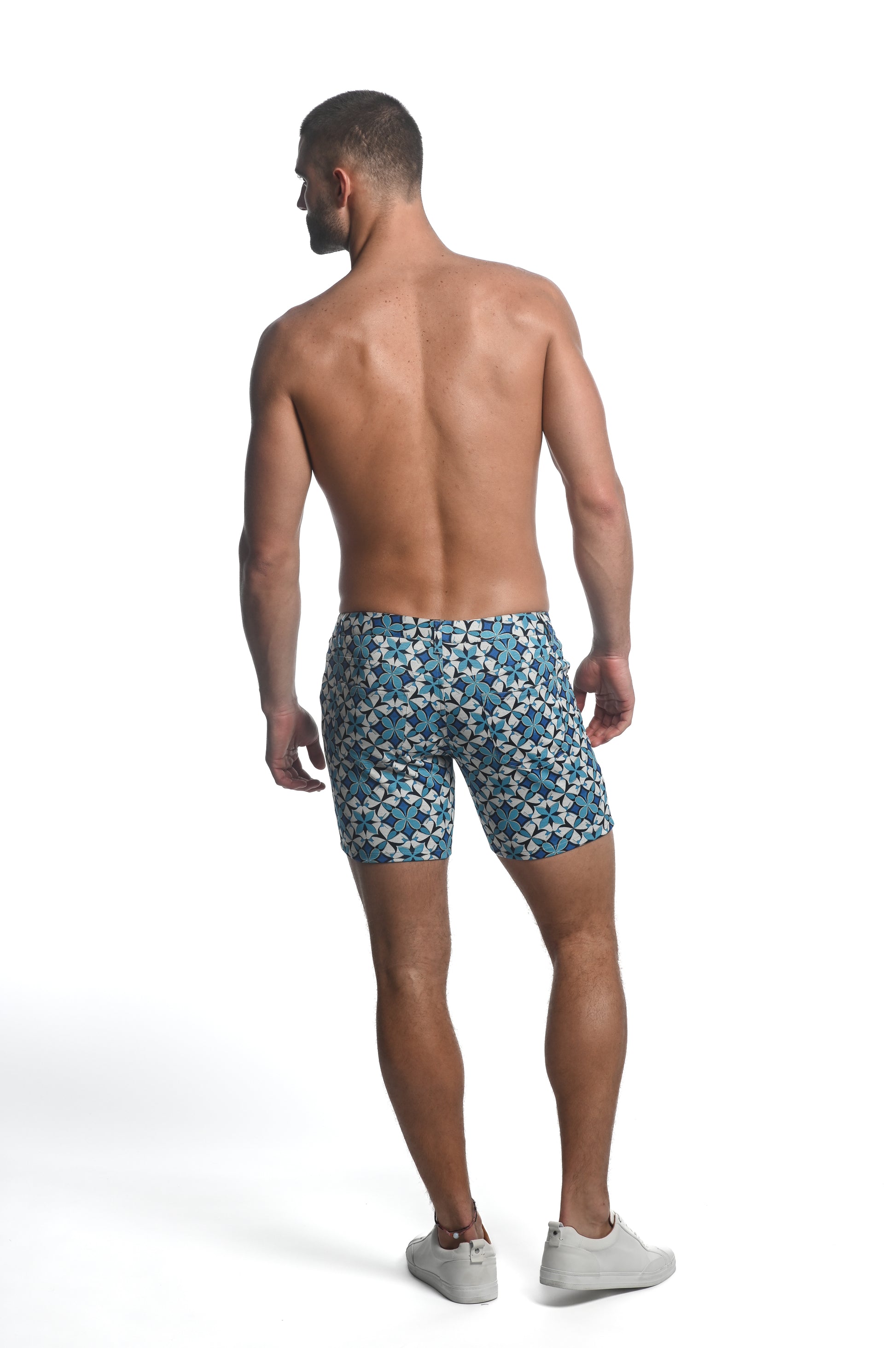 Teal/Navy Star Fleur 5" Inseam Printed Stretch Knit Jeans Shorts