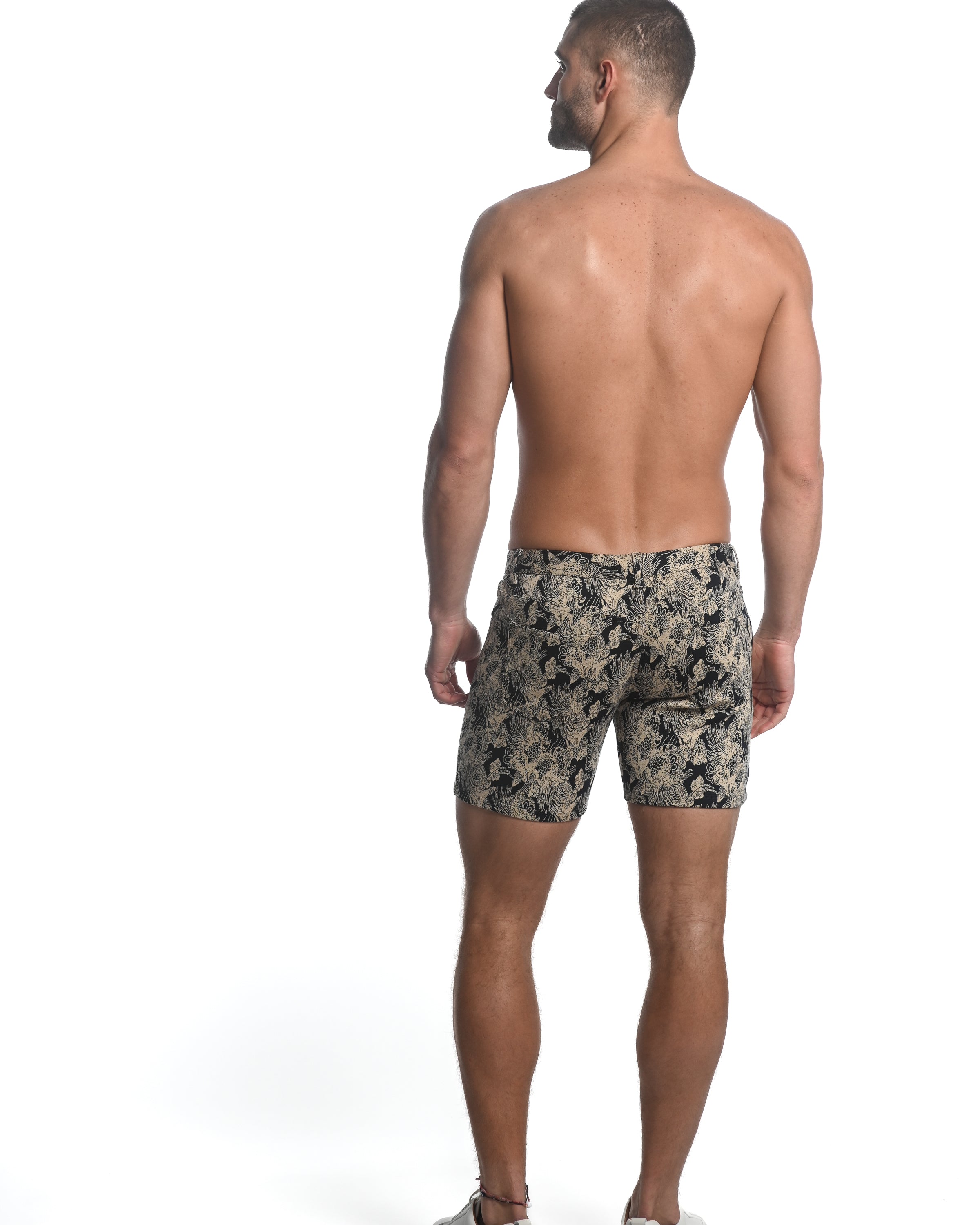 NAVY/BEIGE MYTHICAL BIRDS 5" INSEAM JACQUARD STRETCH KNIT JEANS SHORTS LIMITED EDITION ST-1932-41-LX