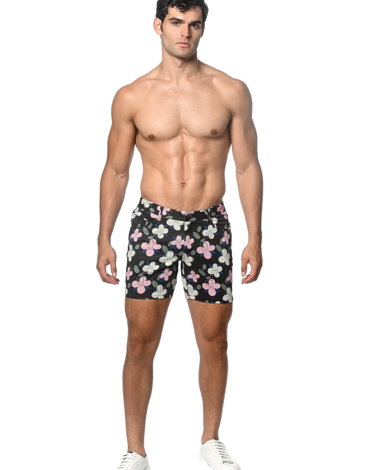 NAVY/BLUSH FLORAL 5" INSEAM PRINTED STRETCH KNIT SHORTS ST-1932-55