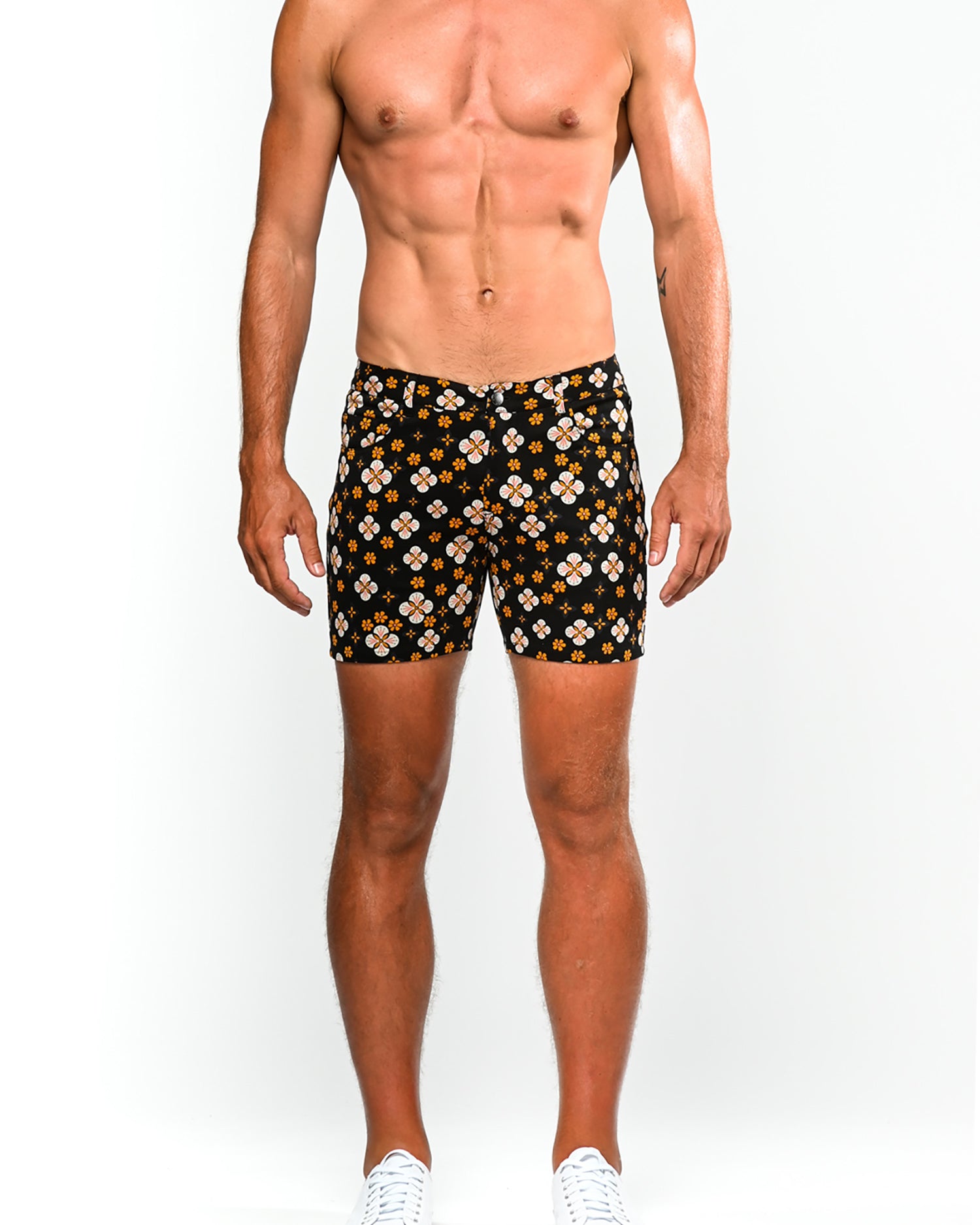 APRICOT/BLACK FLORAL GRID 5" KNIT STRETCH SHORT ST-1932-Final Sale