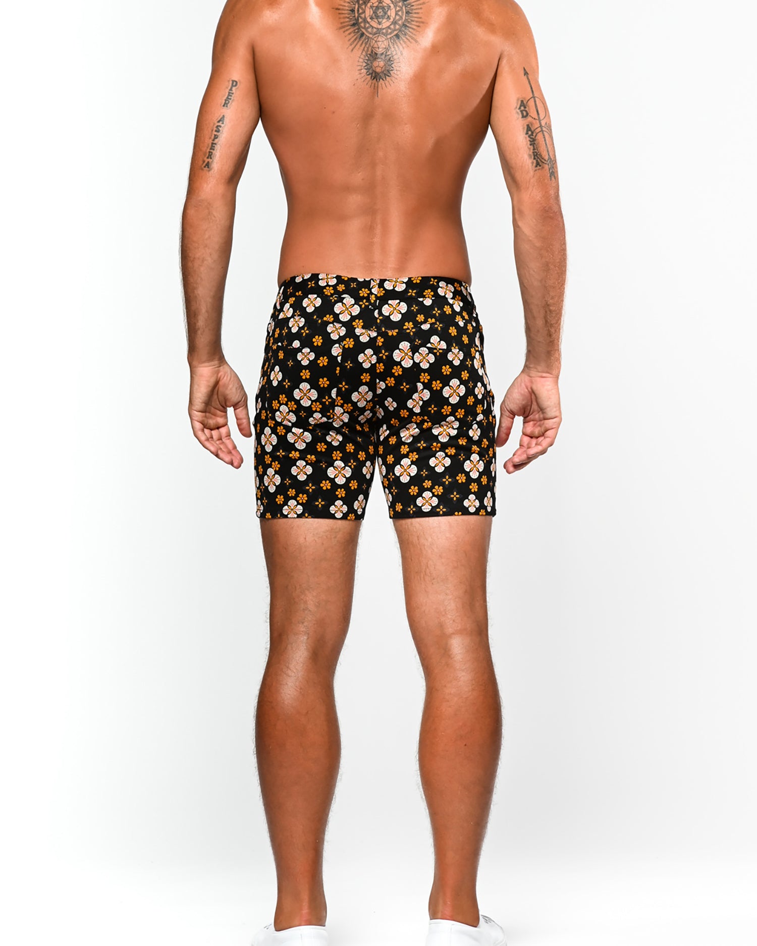 APRICOT/BLACK FLORAL GRID 5" KNIT STRETCH SHORT ST-1932-Final Sale