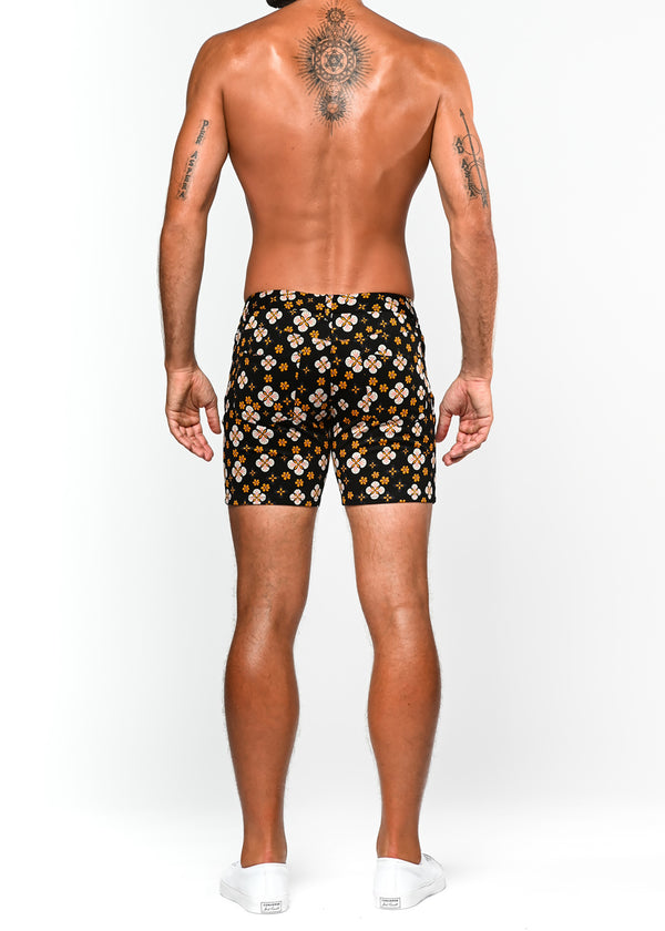 APRICOT/BLACK FLORAL GRID 5" KNIT STRETCH SHORT ST-1932-Final Sale