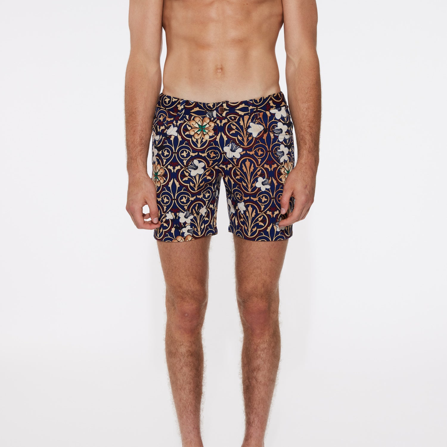 KHAKI/NAVY MOSAIC FLORAL 5" KNIT STRETCH SHORT  ST-1932- Final Sale