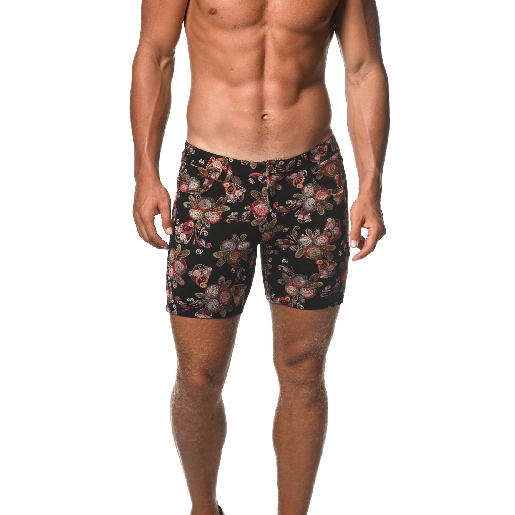 BLACK/RED RIBBON FLORAL 5" INSEAM KNIT SHORTS  ST-1932-LX Final Sale
