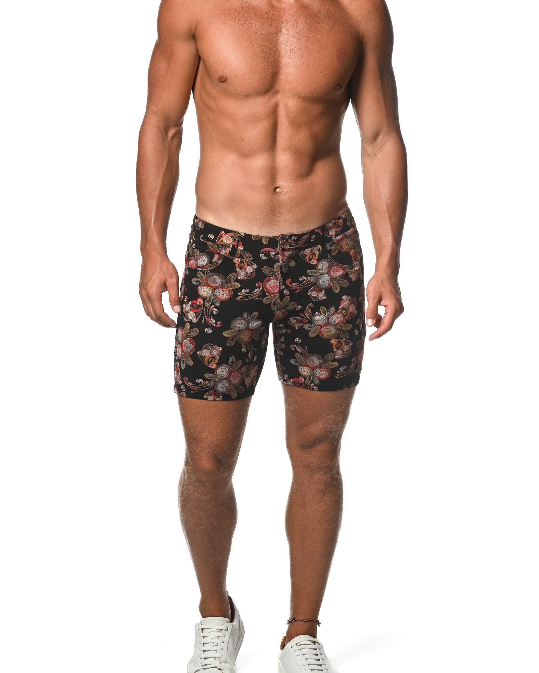 BLACK/RED RIBBON FLORAL 5" INSEAM KNIT SHORTS  ST-1932-LX Final Sale