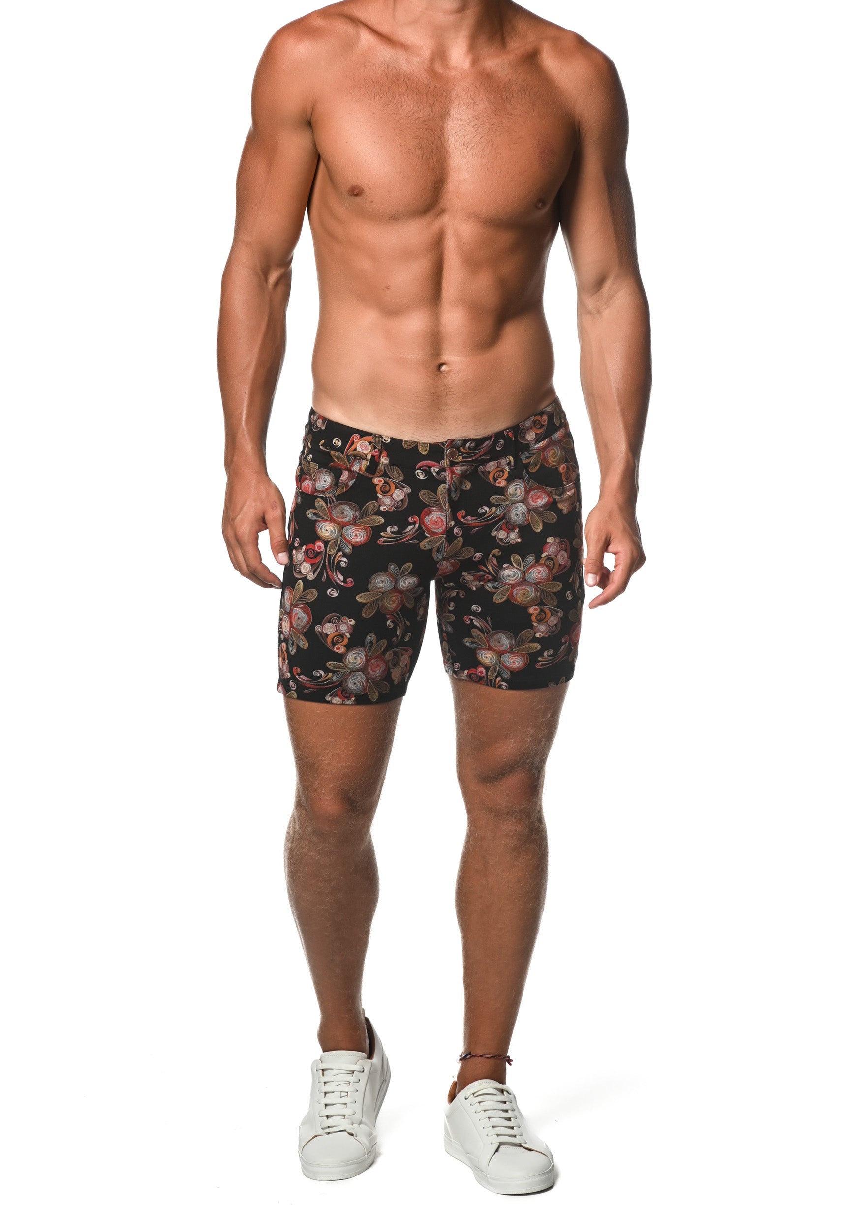 BLACK/RED RIBBON FLORAL 5" INSEAM KNIT SHORTS  ST-1932-LX Final Sale