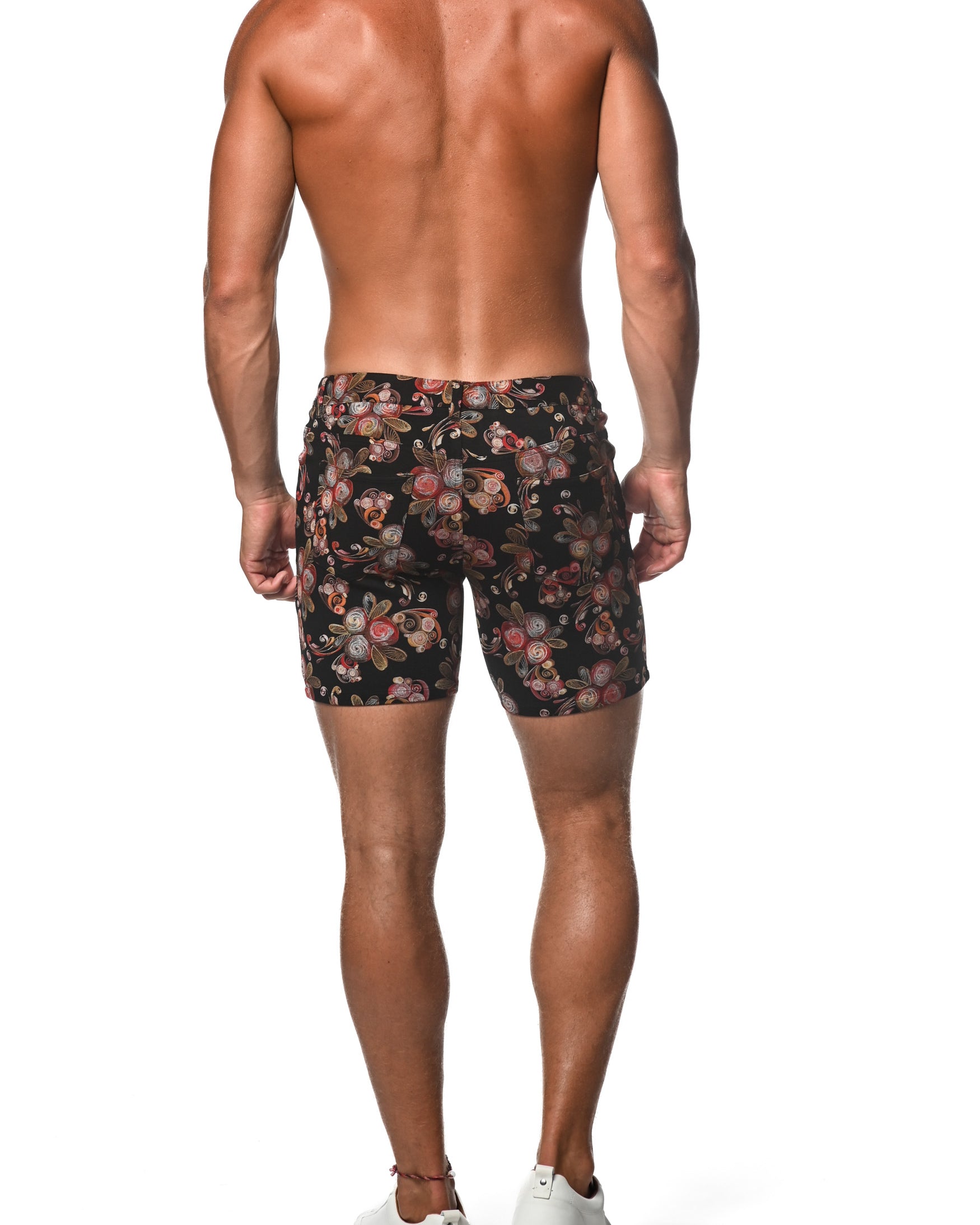 BLACK/RED RIBBON FLORAL 5" INSEAM KNIT SHORTS  ST-1932-LX Final Sale