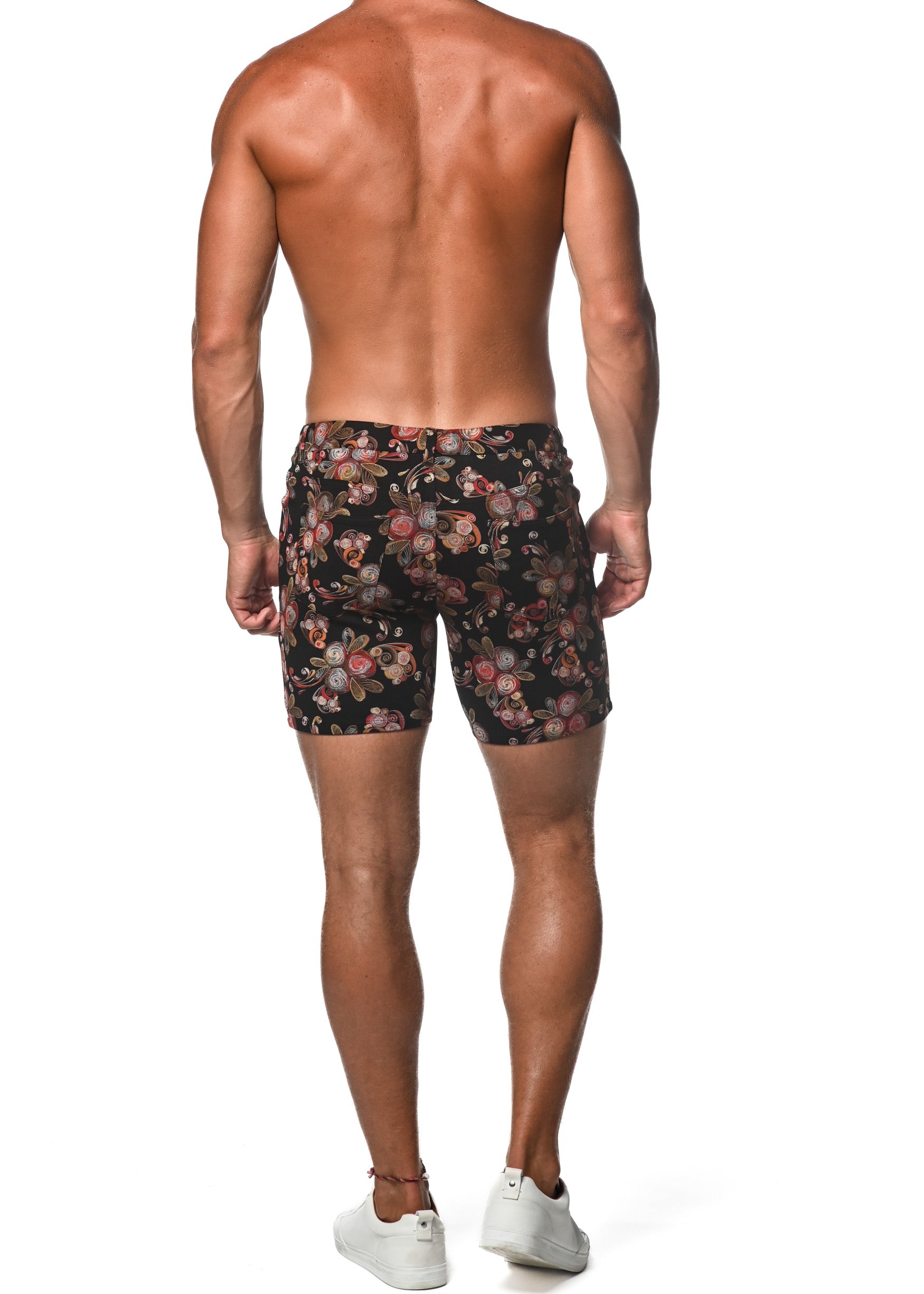 BLACK/RED RIBBON FLORAL 5" INSEAM KNIT SHORTS  ST-1932-LX Final Sale