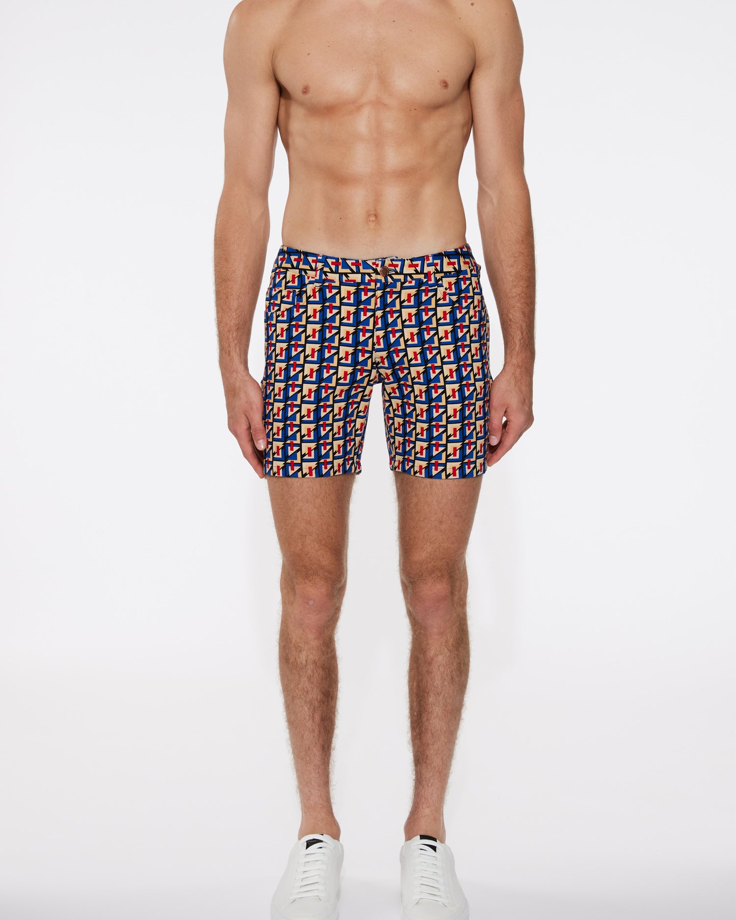 COBALT/RED ABSTRACT FLASH PRINTED 5" INSEAM KNIT STRETCH SHORTS ST-1932-LX- Final Sale