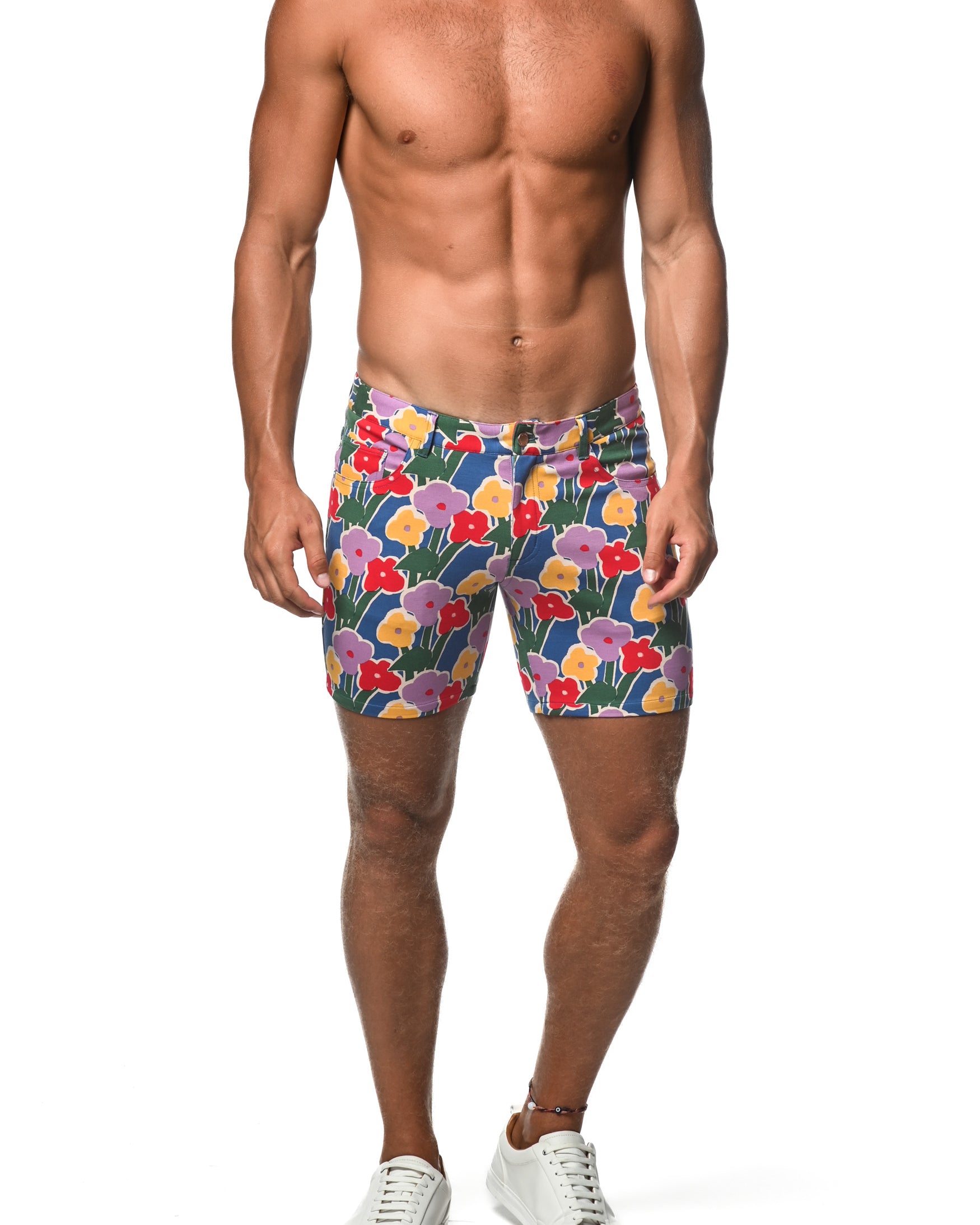 COBALT/ POPPY BLOOMS 5" INSEAM KNIT SHORTS  ST-1932-LX Final Sale