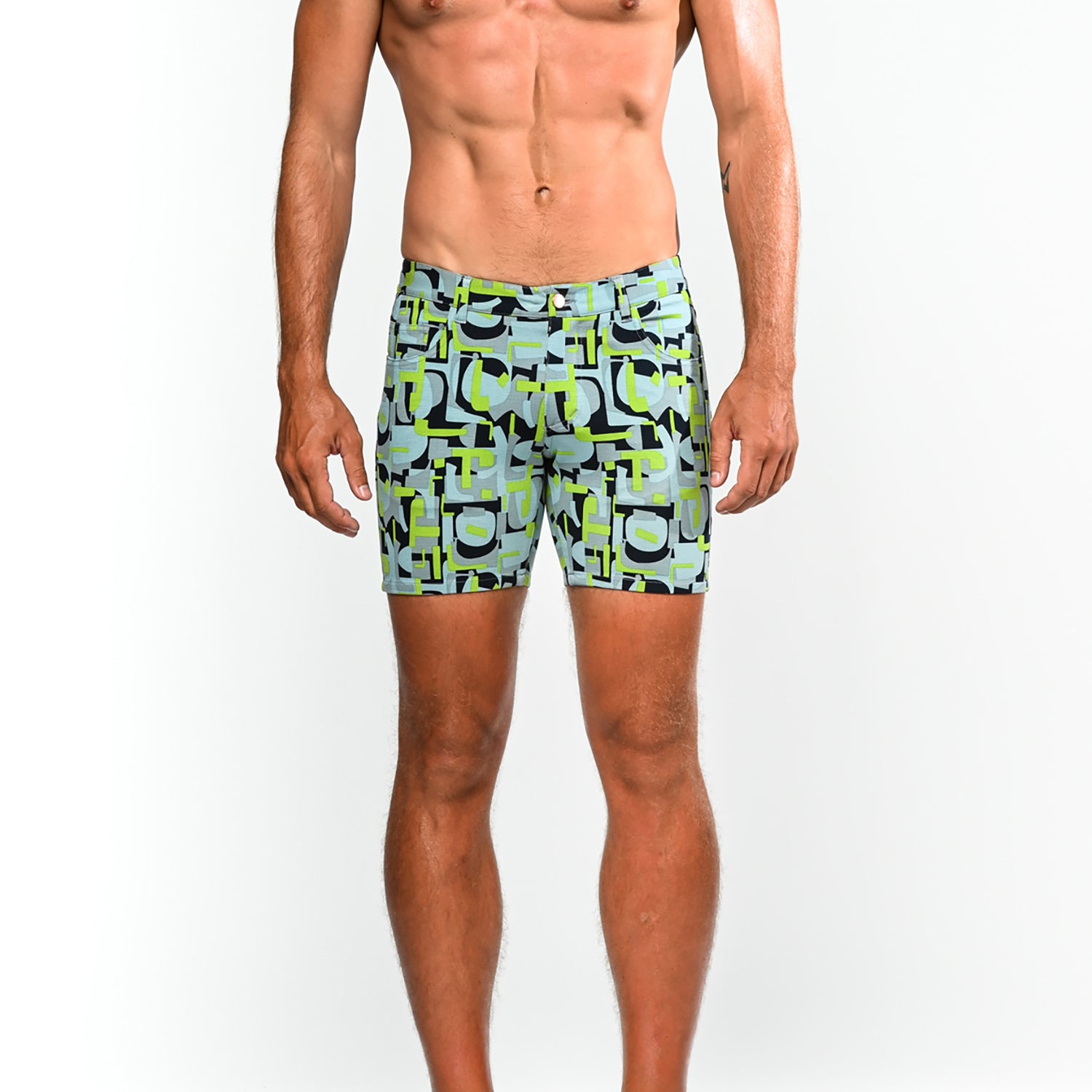 PEAR/SKY POP ART PRINTED 5" INSEAM KNIT STRETCH SHORTS ST-1932-LX- Final Sale