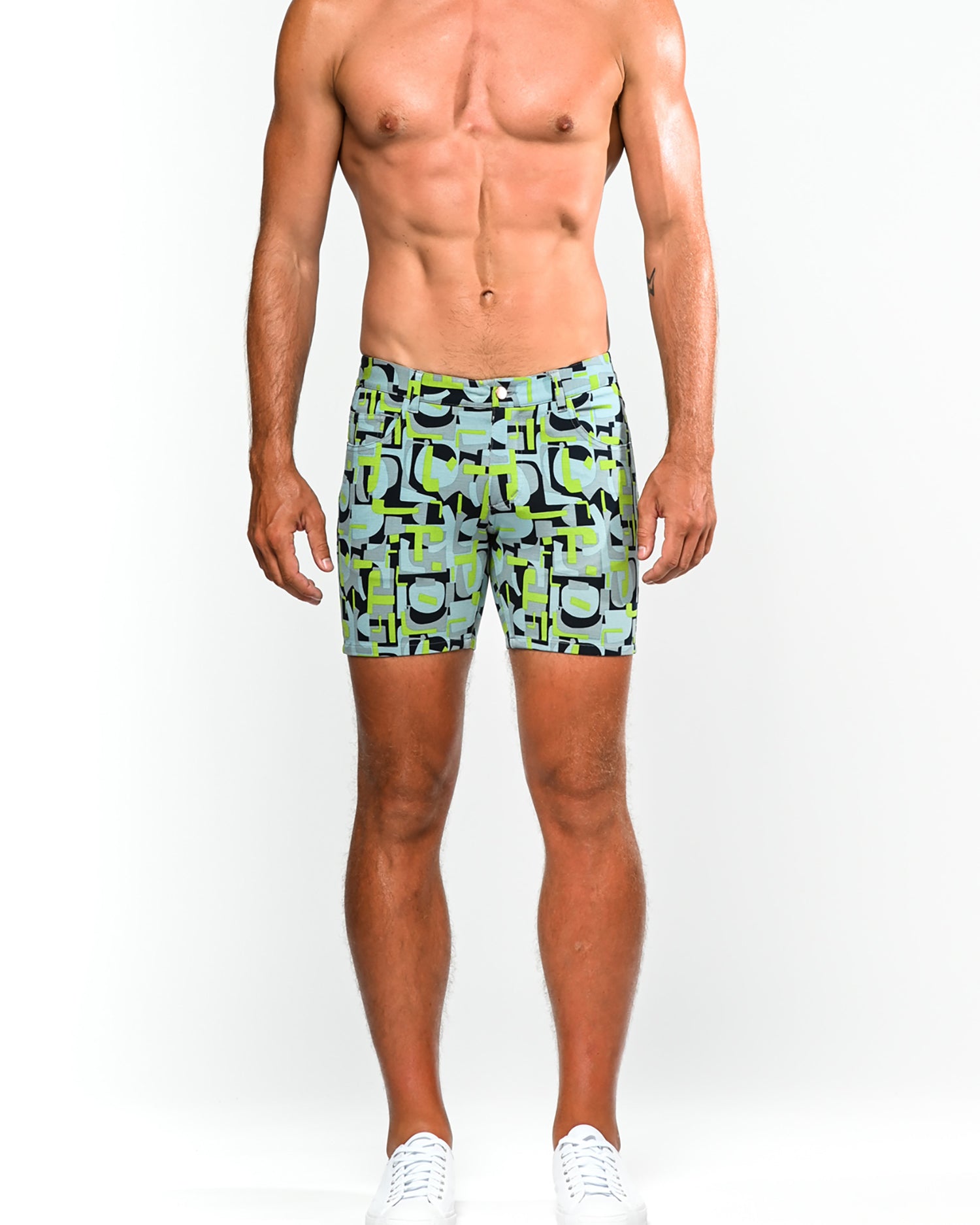 PEAR/SKY POP ART PRINTED 5" INSEAM KNIT STRETCH SHORTS ST-1932-LX- Final Sale