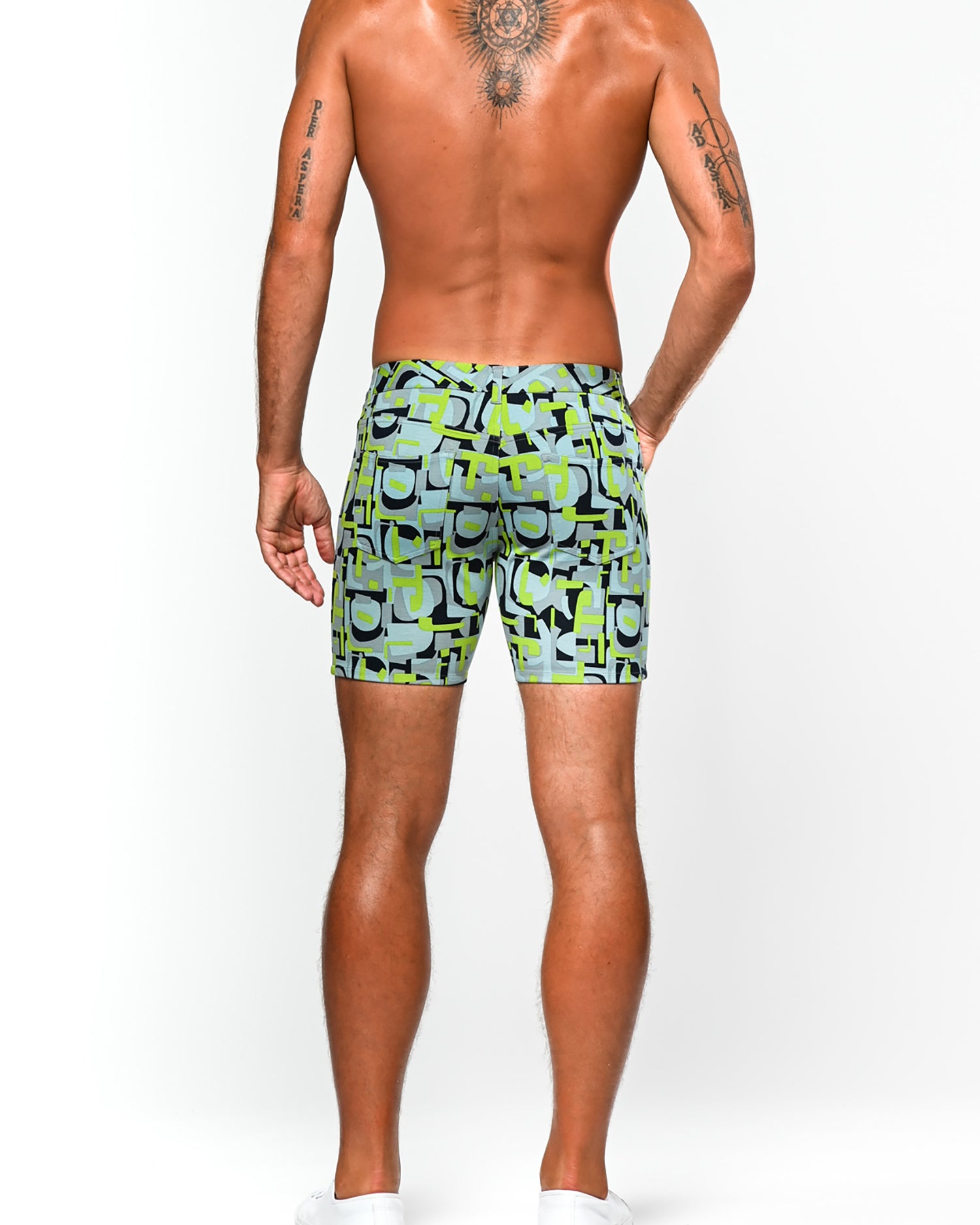 PEAR/SKY POP ART PRINTED 5" INSEAM KNIT STRETCH SHORTS ST-1932-LX- Final Sale